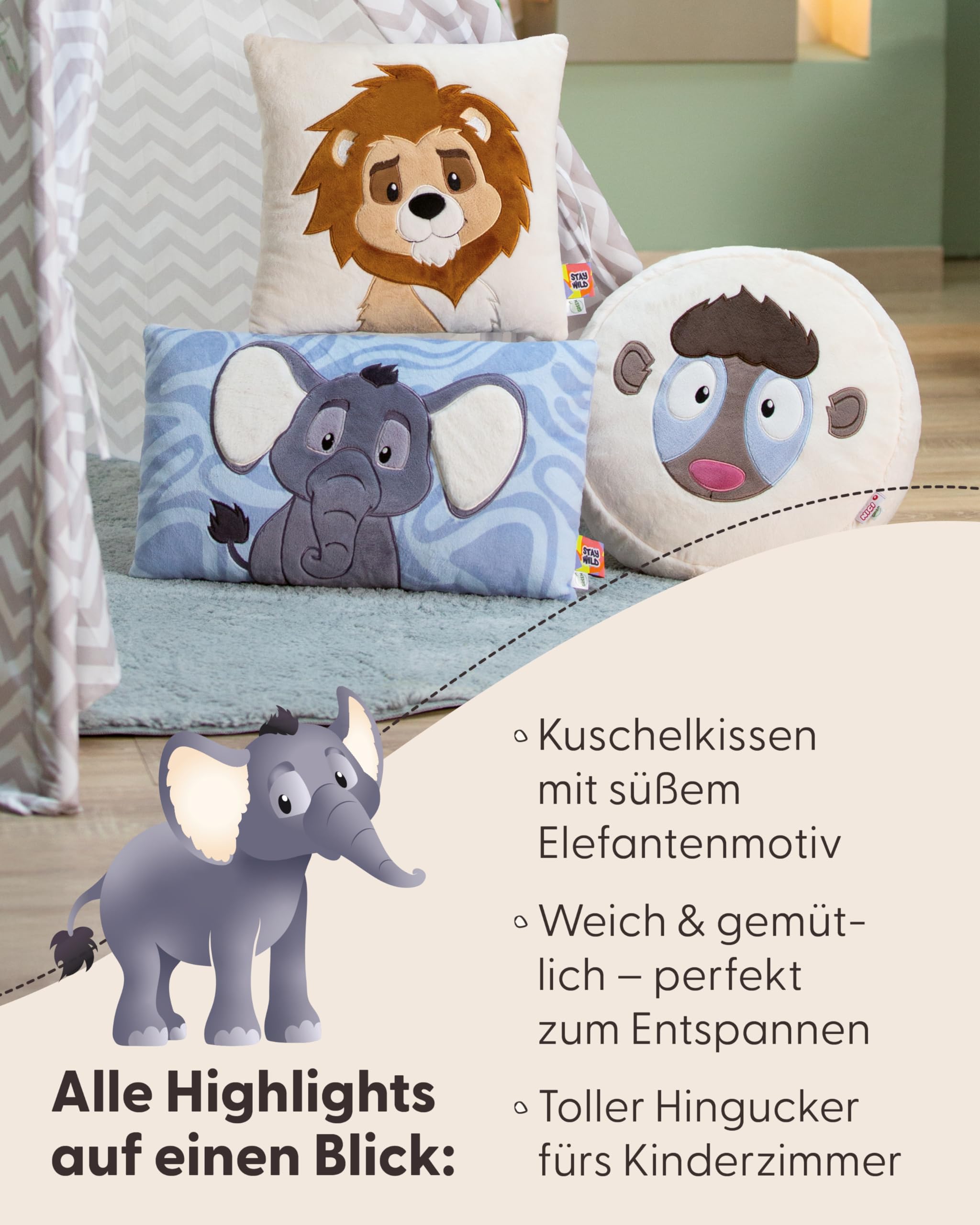 NICI Kissen Elefant 43x25cm - grau - Flauschiges NICI Kuscheltier Kissen für Kinder und Erwachsene, Plüschkissen ideal für Zuhause, Kindergarten oder unterwegs - 62752