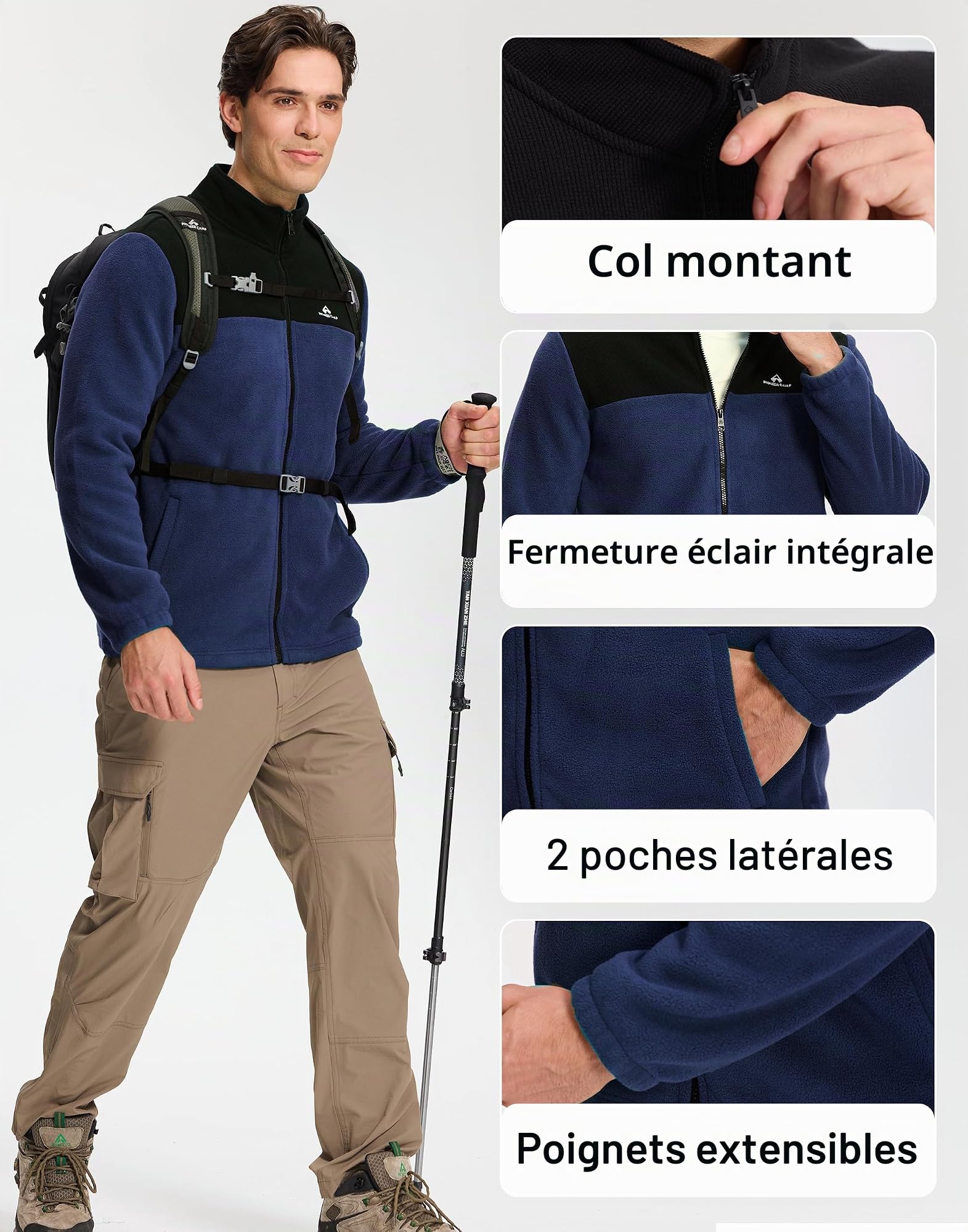 Veste polaire chaude pour homme, respirante et confortable, veste de survêtement entièrement zippée, 400 g d'épaisseur, veste demi-saison pour l'extérieur, la randonnée, les loisirs, le trekking