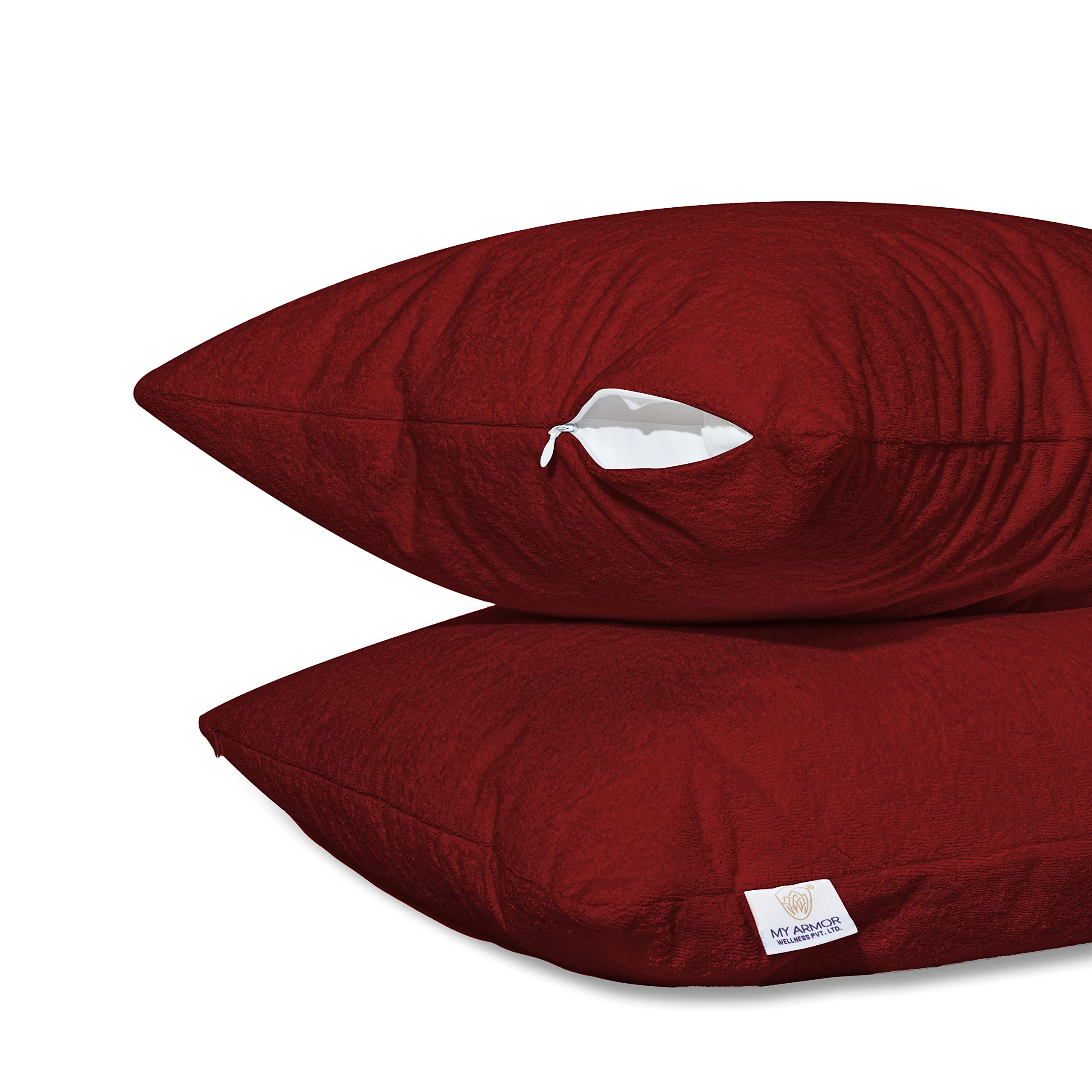 MY ARMOR Waterproof & Dustproof Cotton Terry Pillow Protectors, Standard Size | 220+ GSM- Set of 2, Maroon (20" x 30")