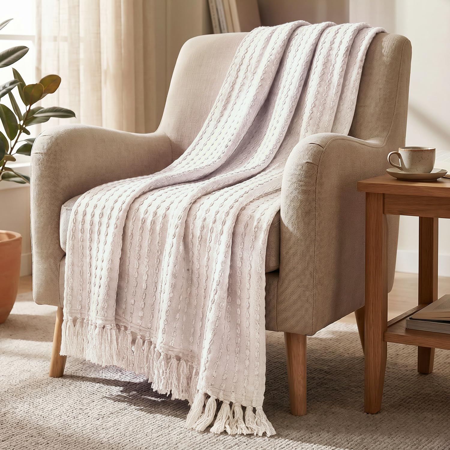 HOKIPO Ivory Cream Weaved Cotton Sofa Throw 50X60 Inches, Decorative Blanket for Sofa, Bed, Living Room & Chair, 'Willow Breeze' Series (IN-1137-CRM)-image-40