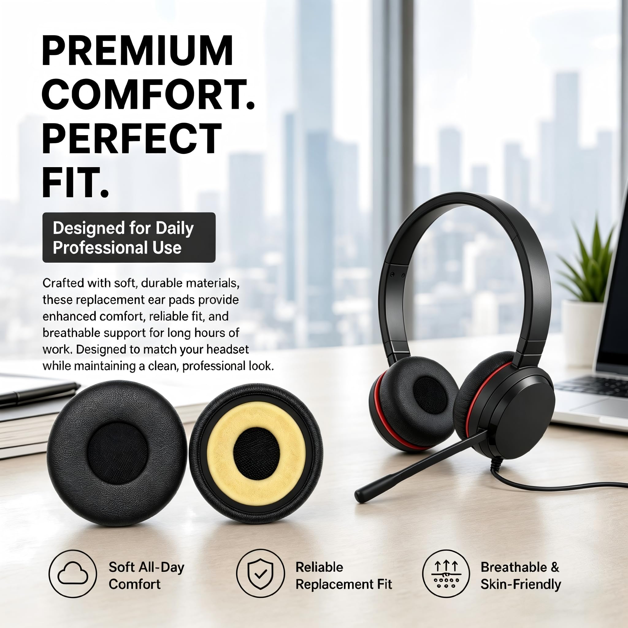 Almohadillas de repuesto para auriculares estéreo Jabra Evolve 20 30 40 65 con cable, cubierta de orejeras, cuero suave y almohadillas de espuma viscoelástica (no es compatible con Evolve2 30/Evolve2