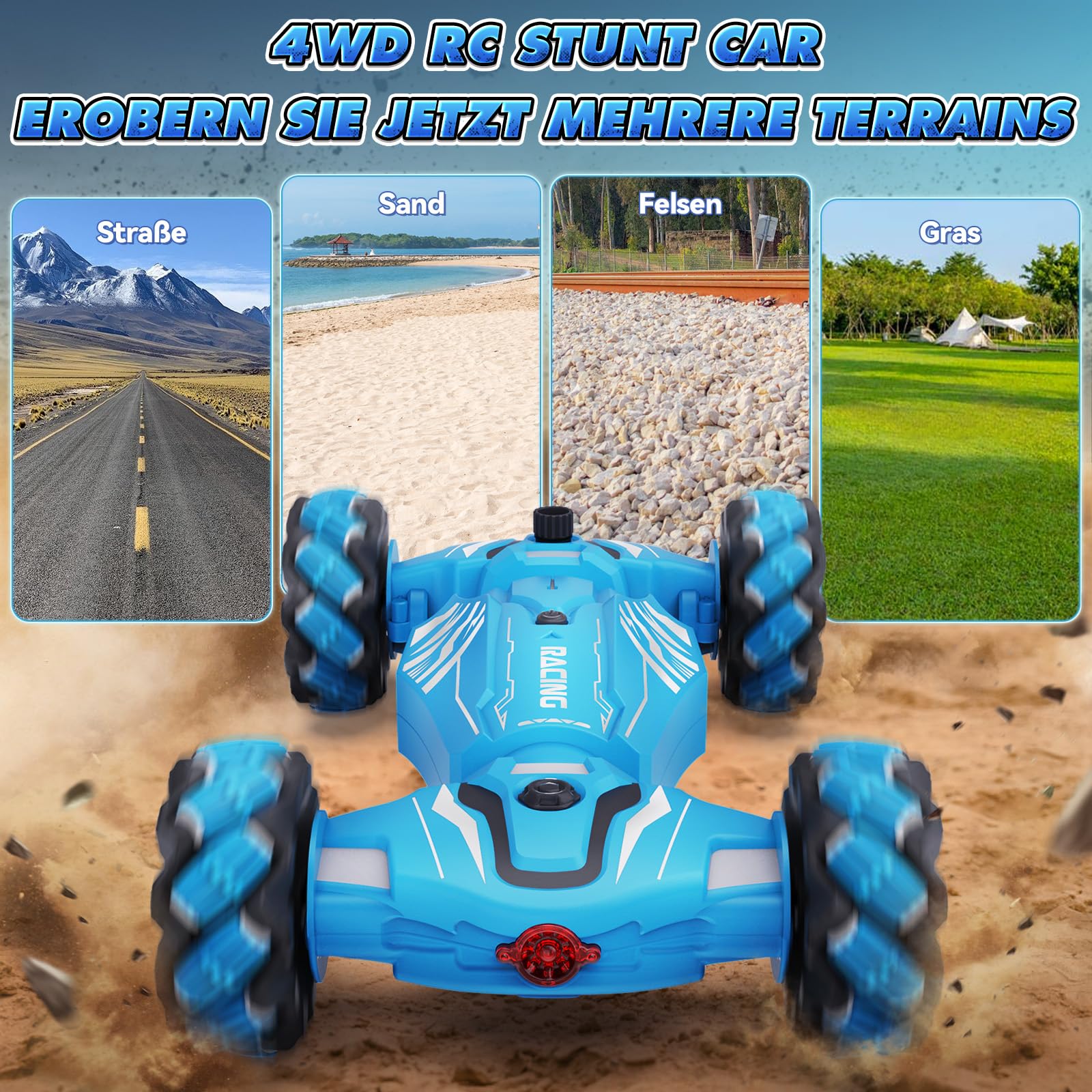 Dysaim Ferngesteuertes Auto ab3+ jahre, 4WD RC Auto mit Handsteuerung, 2.4Ghz 360°Drehung Drift Stunt Car mit Licht Musik Spray, Weihnachten Geschenke Spielzeug für Jungen Mädchen, Blau