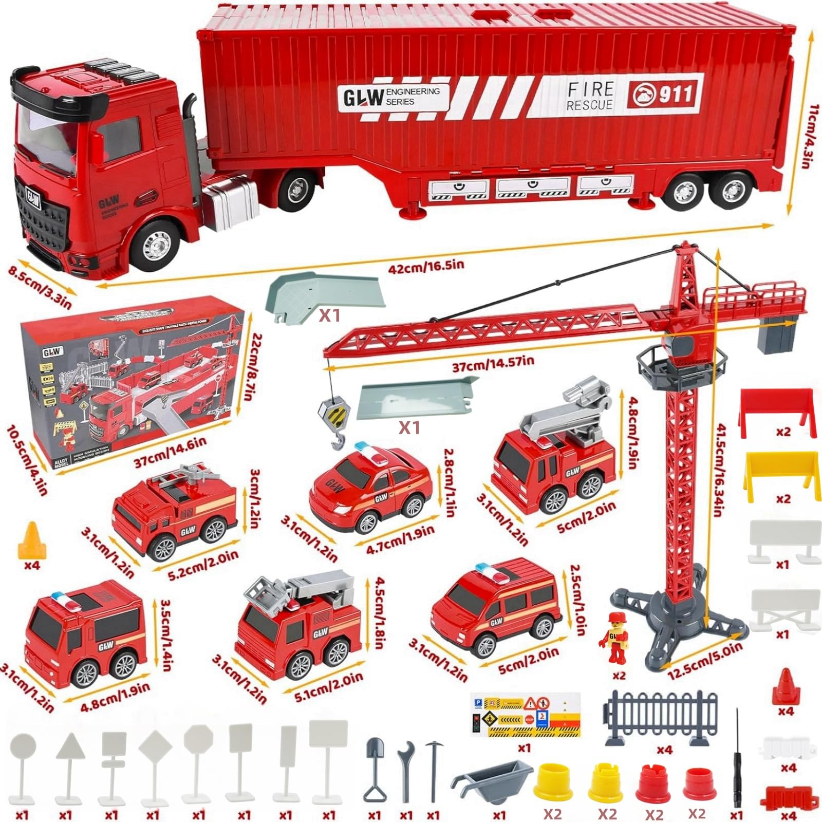 Camion Pompieri per Bambini, Veicoli da Cantiere, Veicolo Giocattolo da Trasporto con Musica e Luci, 6 Mini Camion Pompieri, Giocattolo Della Gru
