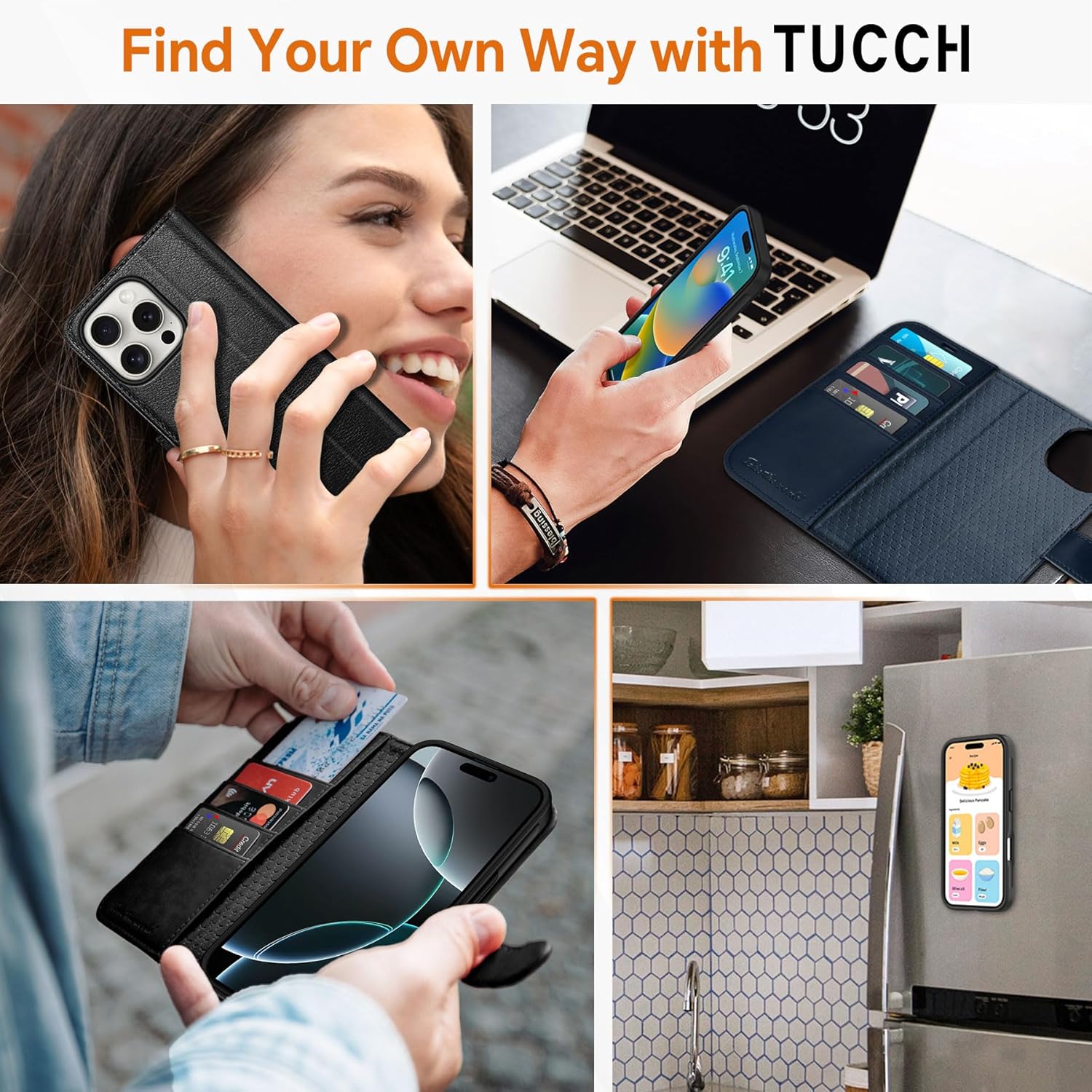 TUCCH Case for iPhone 16 Pro Max, [Detachable] 2 in1 Magnetic PU Leather Wallet RFID Blocking [Wireless Charging] 4 Card Slot Kickstand Removable Cover for iPhone 16 Pro Max, Textured Black - Image 9