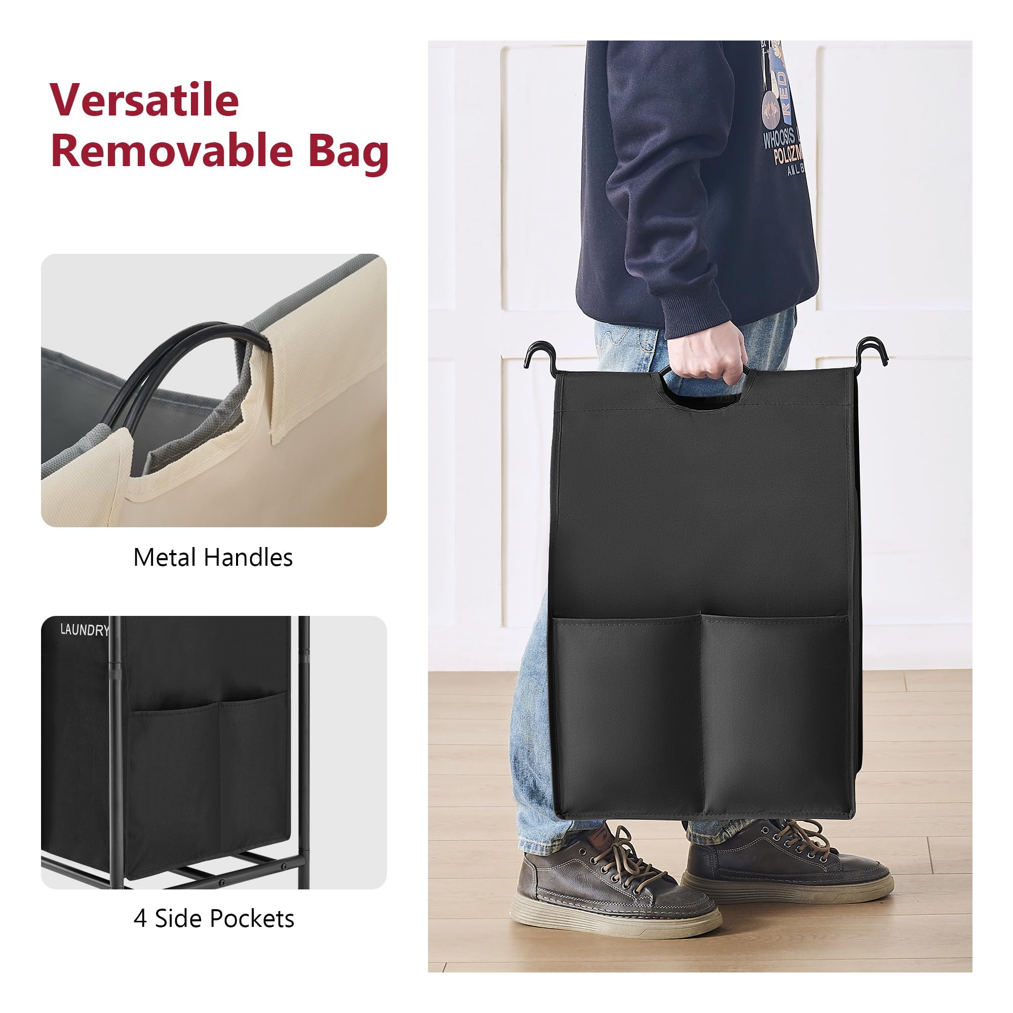 Tajsoon Wäschesortierer mit 4 Taschen, 4 Abschnitten, Wäschesortierer mit robusten, abschließbaren Rollrädern, Wäschesortierer mit abnehmbaren Taschen für schmutzige Kleidung, 4 Farben