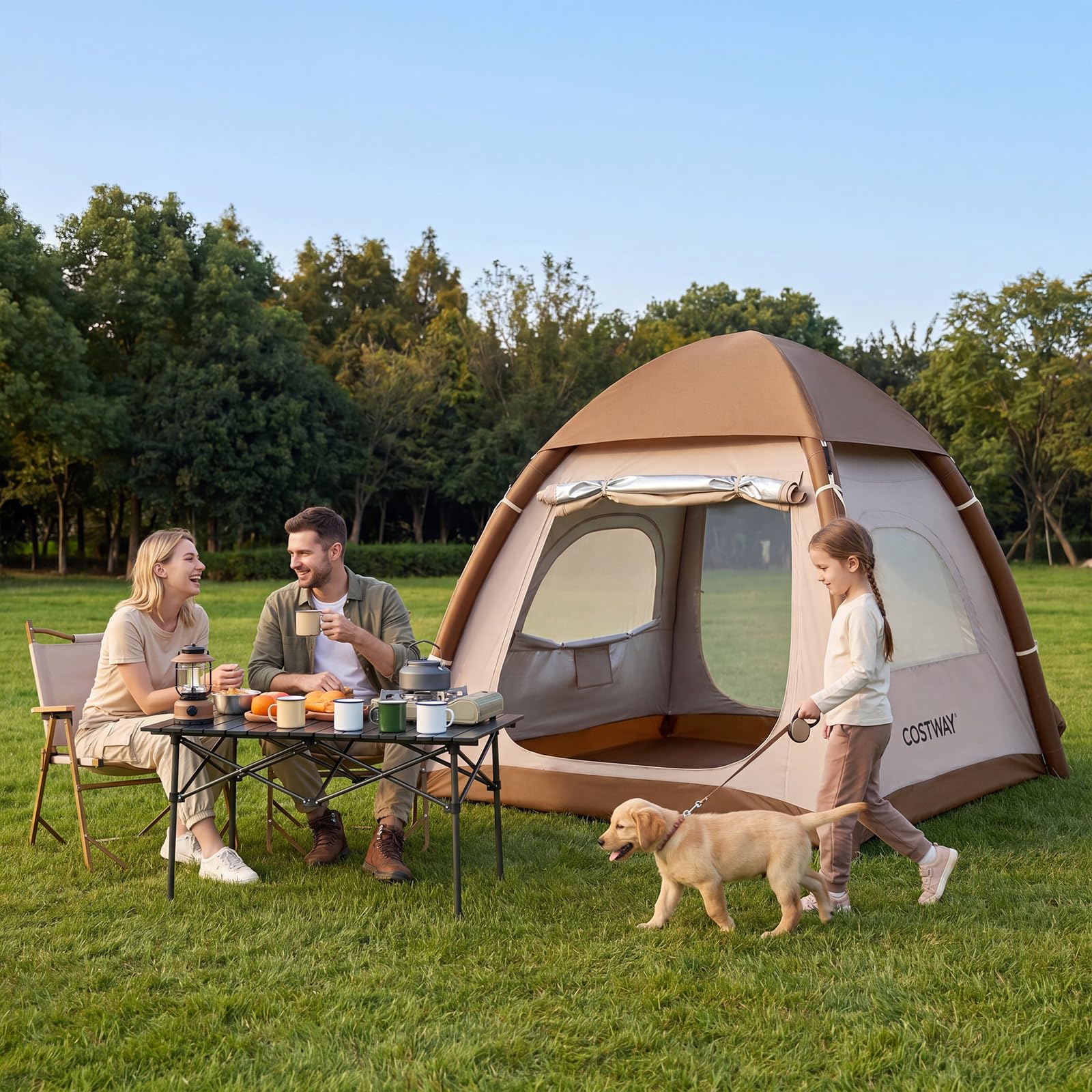 COSTWAY Aufblasbares Campingzelt für 2-4 Personen, wasserfestes Luftzelt mit Dachfenster, 2 Türen & Netzfenstern, Familienzelt inkl. Tragetasche & Luftpumpe, für Camping & Wandern, 208 x 208 x 196cm