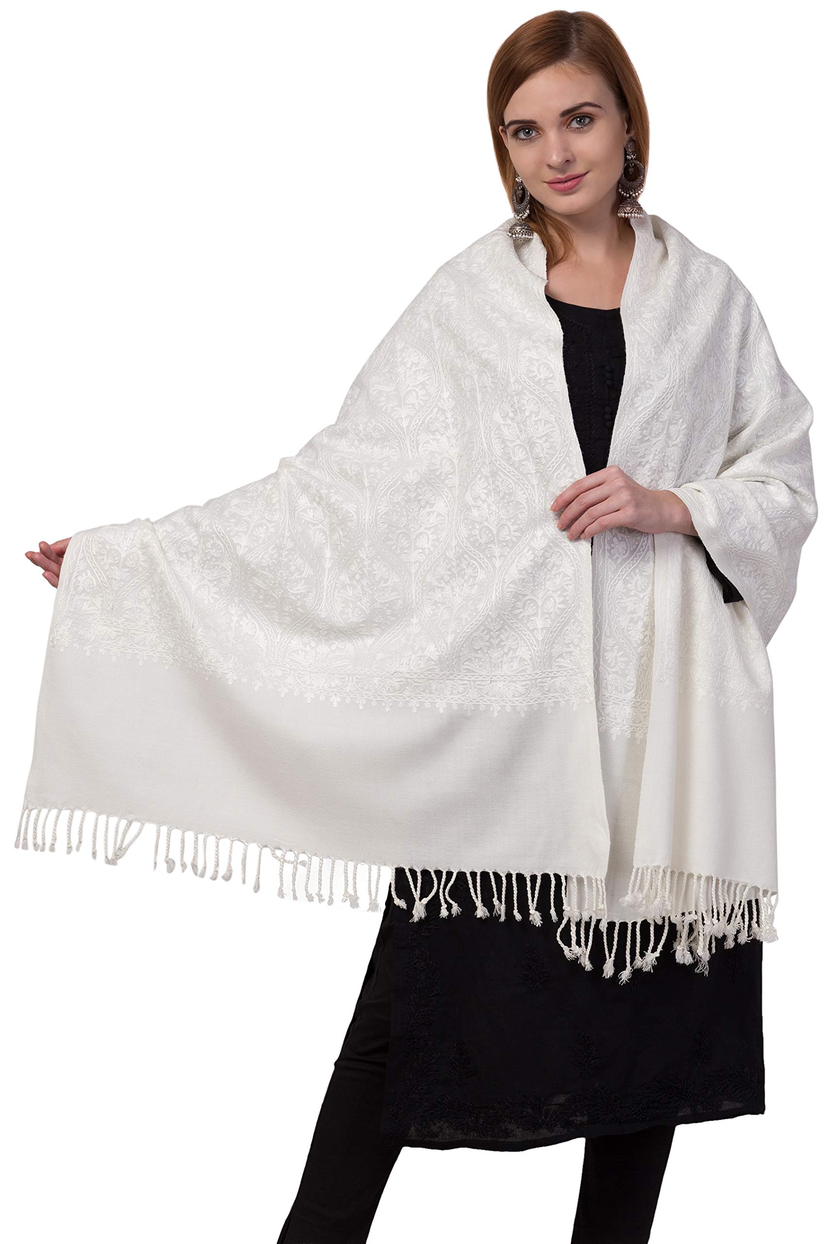 tweedle Women's Cashmilon Wool Kashmiri Aari Embroidery Stole/Shawl/Wrap for Winter Medium Size (28 x 80 Inches) White 1