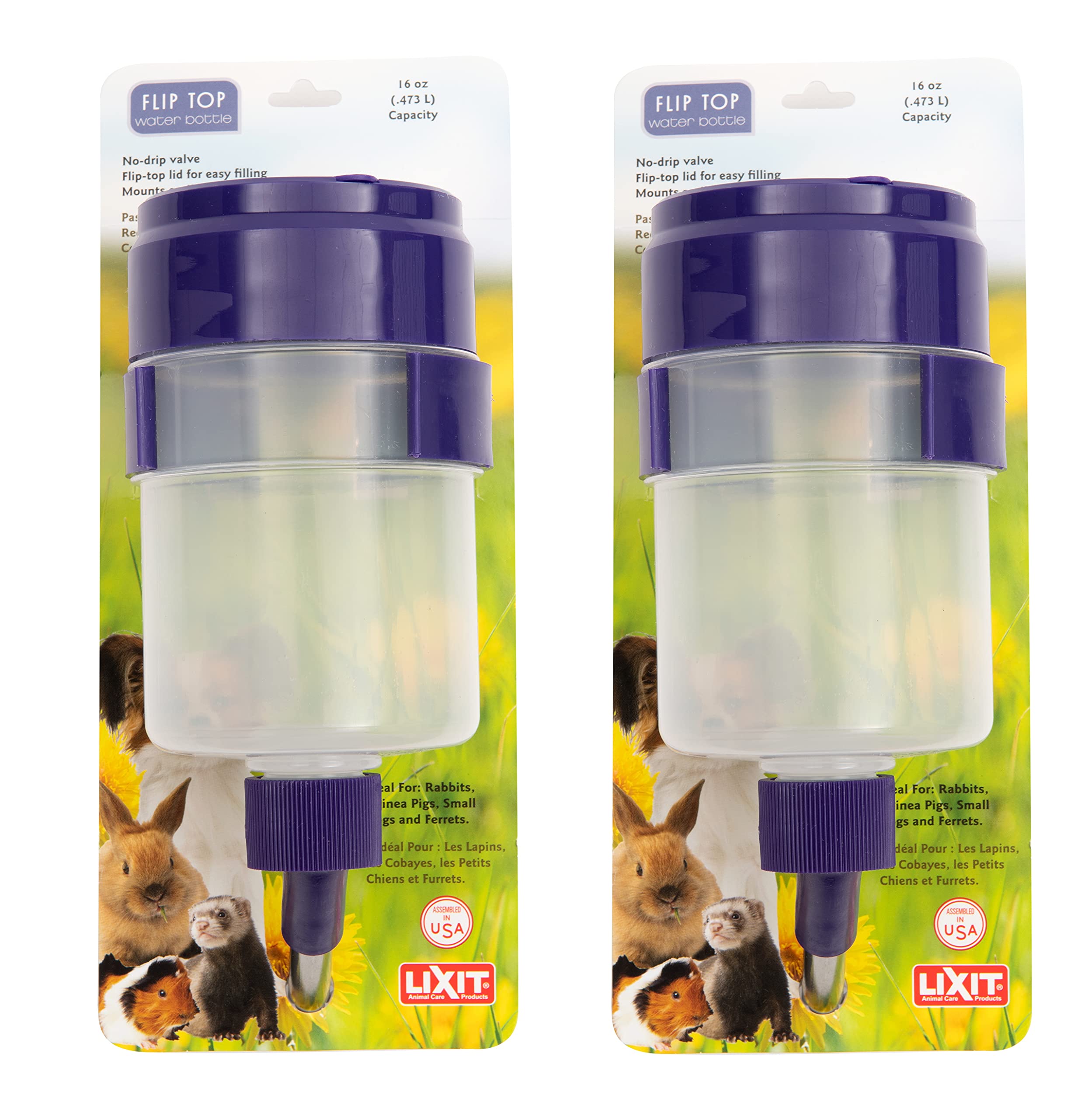 Lixit® Lever Valve Top Fill No Drip Water Bottles for Rabbits, Chinchillas, Ferrets, Guinea Pigs and Adult Rats (16 Ounce, 2 Pack)
