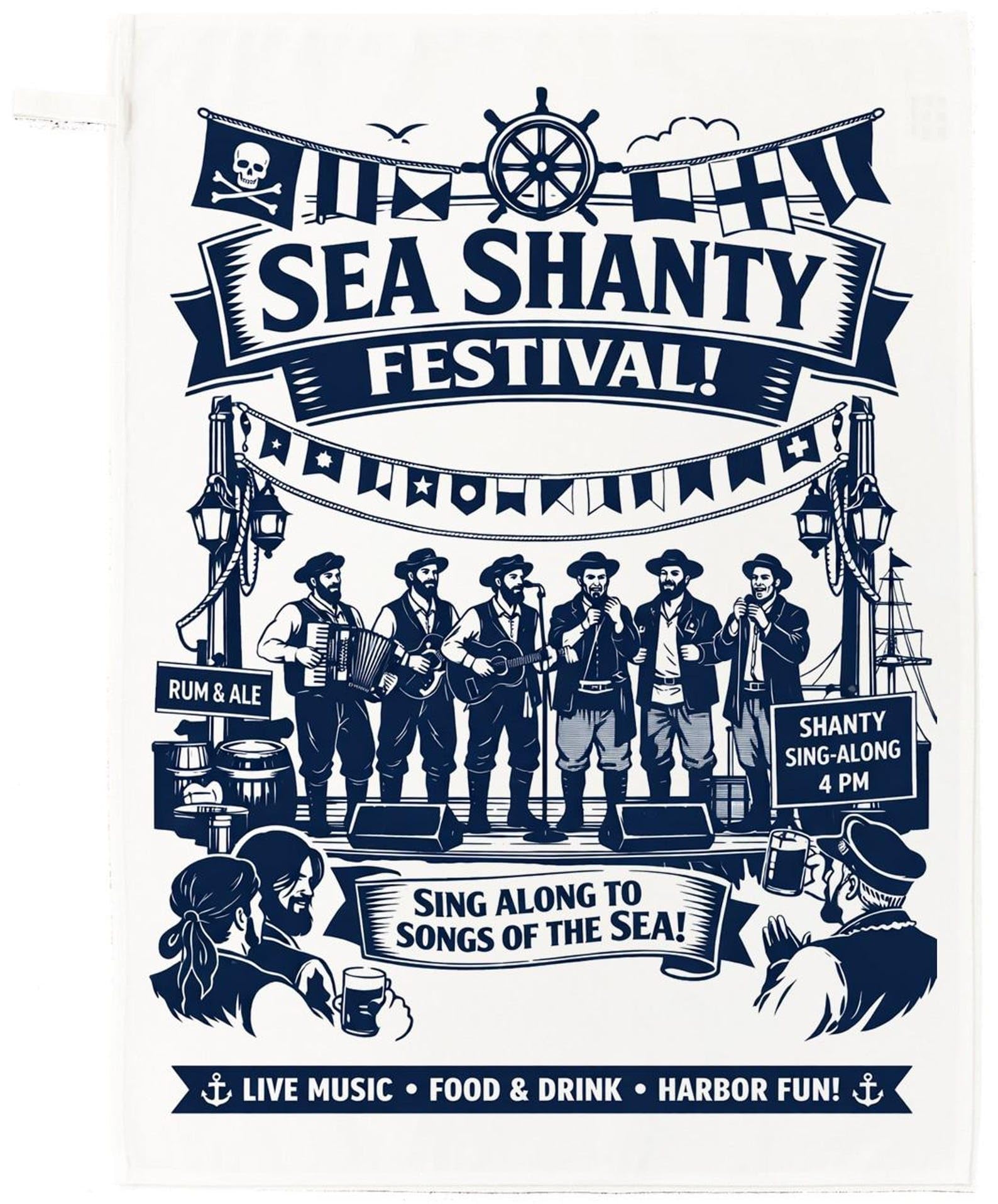 Half a Donkey Sea Shanty Festival Cotton Tea Towel – Nautical Music Design, Maritime Folk Art