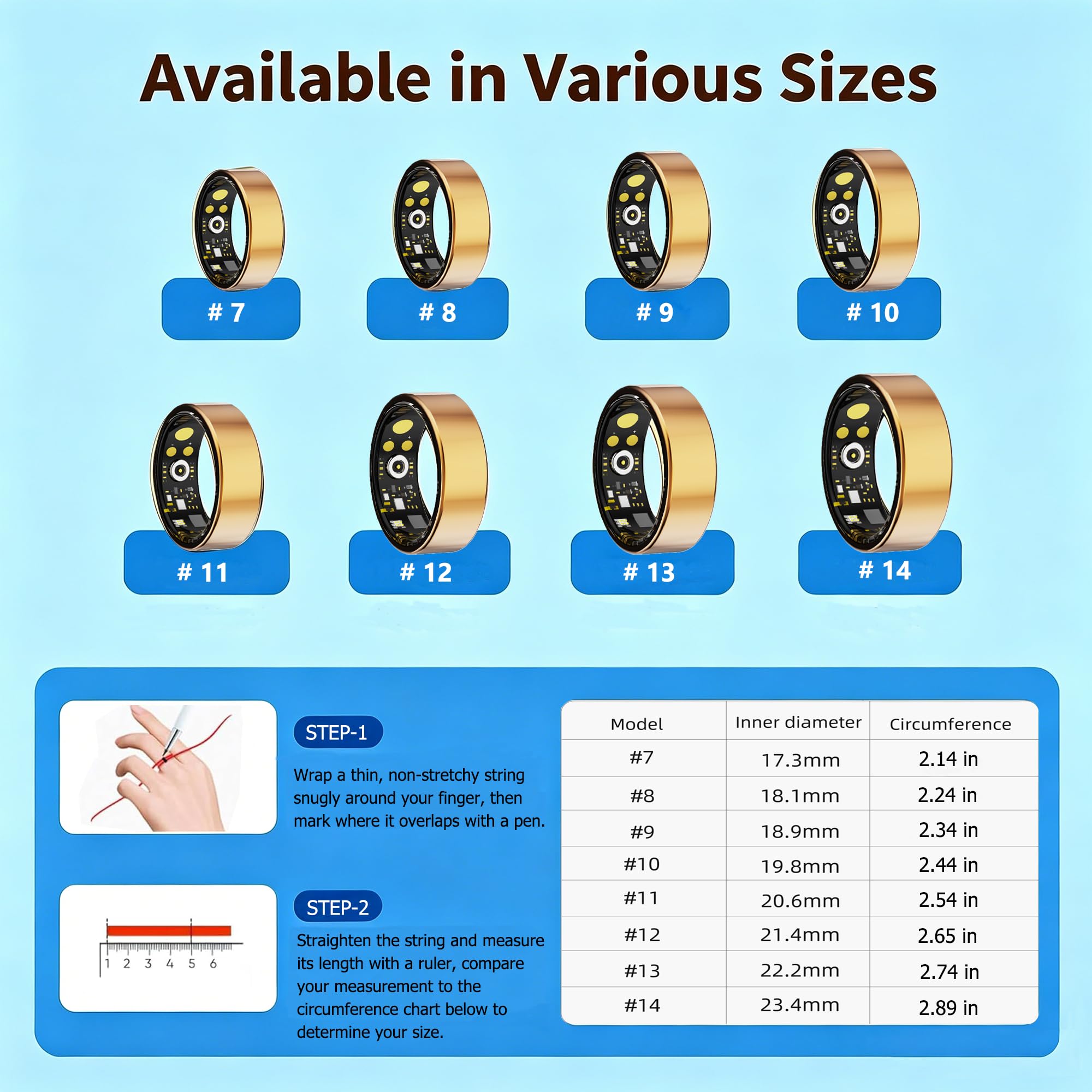 Smart Ring Moniteur de fitness et de santé pour homme et femme, moniteur de pas, étanche IP68, pas de frais d'abonnement, compatible avec iOS Android (doré, 8#)