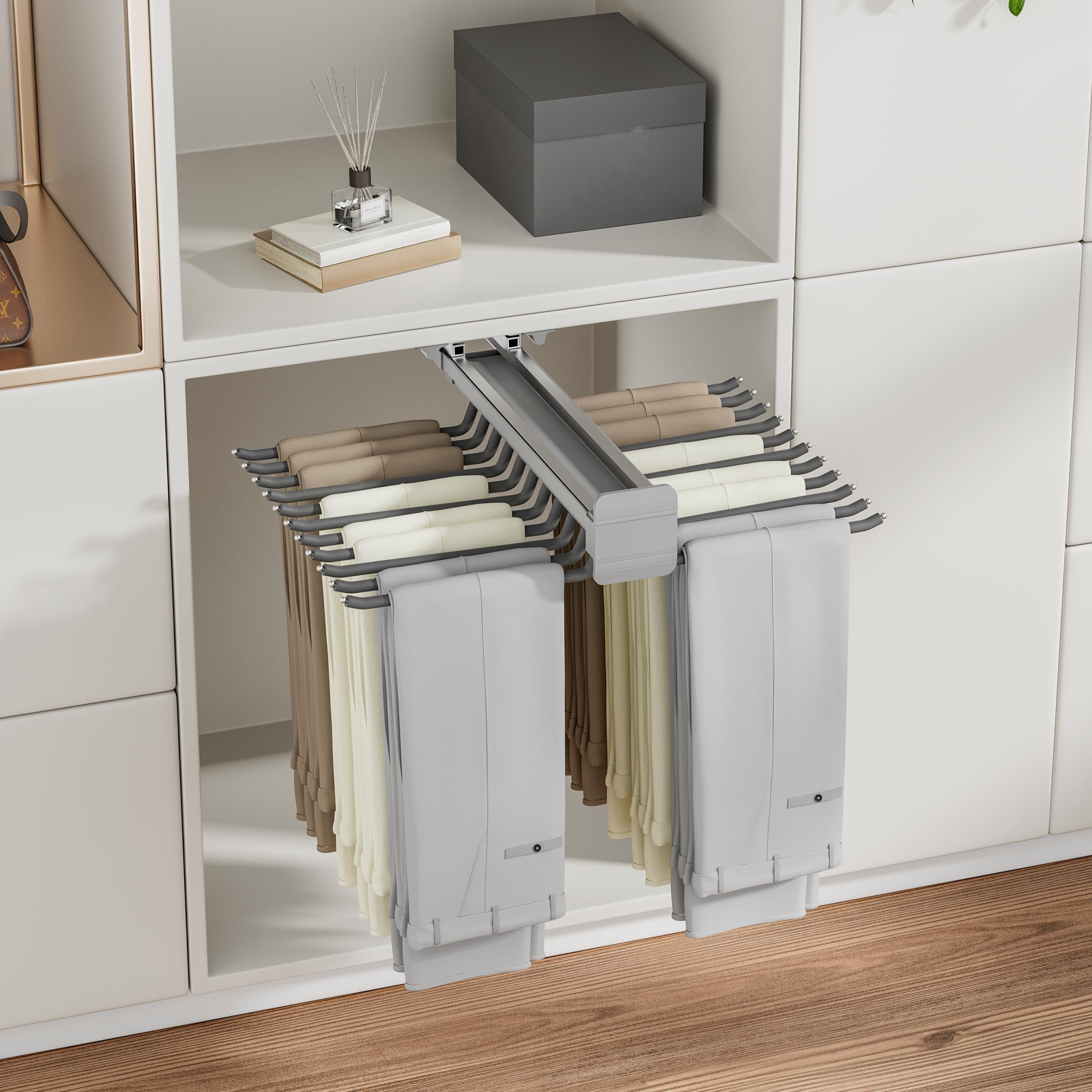 Dwurzędowy wieszak na spodnie, wysuwany wieszak na spodnie, oszczędność miejsca, 22 ramiona, wysuwany wieszak na spodnie z antypoślizgowym flokowaniem, organizer do szafy na ubrania, nośność