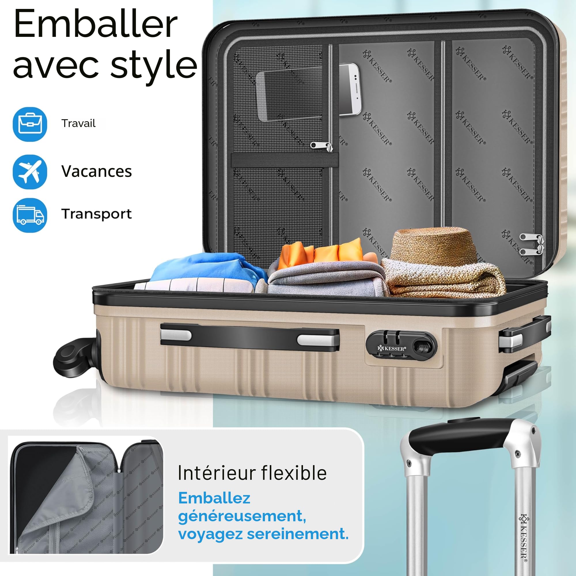 KESSER Valise de voyage rigide ABS 66cm avec pèse-bagage, trolley roulettes, poignée télescopique, champagne