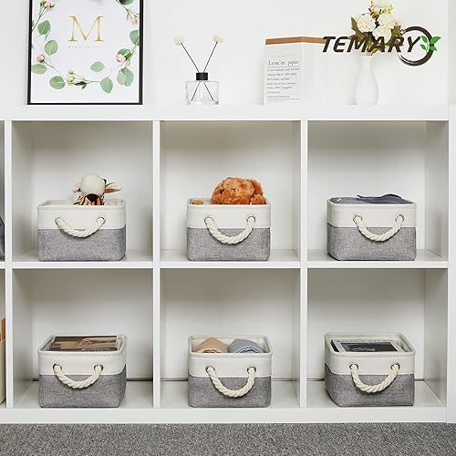 Vista 33 de Temary Canastas de almacenamiento pequeñas de tela para armario, paquete de 6 cajas de almacenamiento decorativas con asas de cuerda para organizar