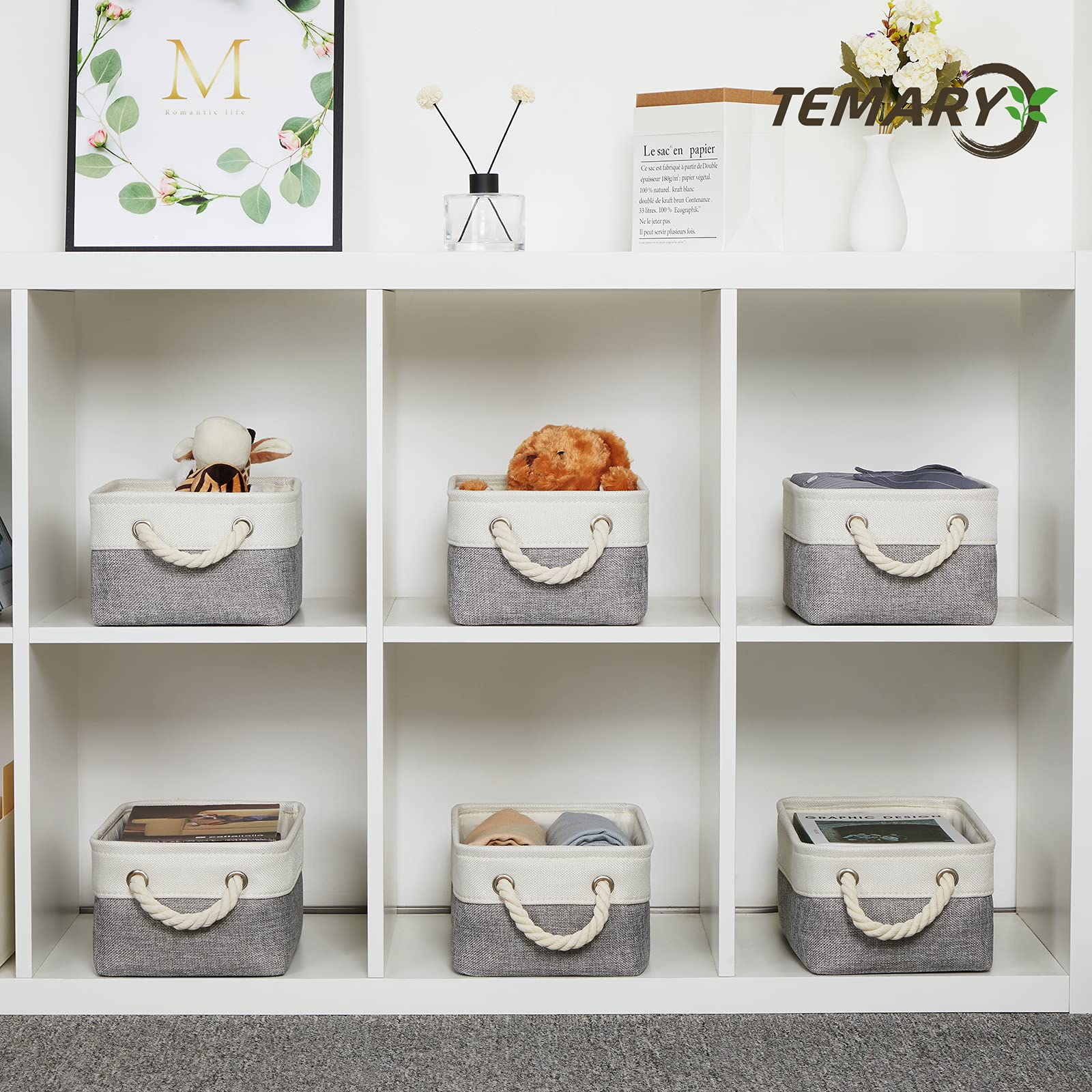 Temary Kleine Aufbewahrungskörbe aus Stoff, dekorativ, faltbar, Geschenkkörbe, leer für Zuhause, 6 Stück, Weiß und Grau, 30 x 20 x 13,5 cm (L x B x H)