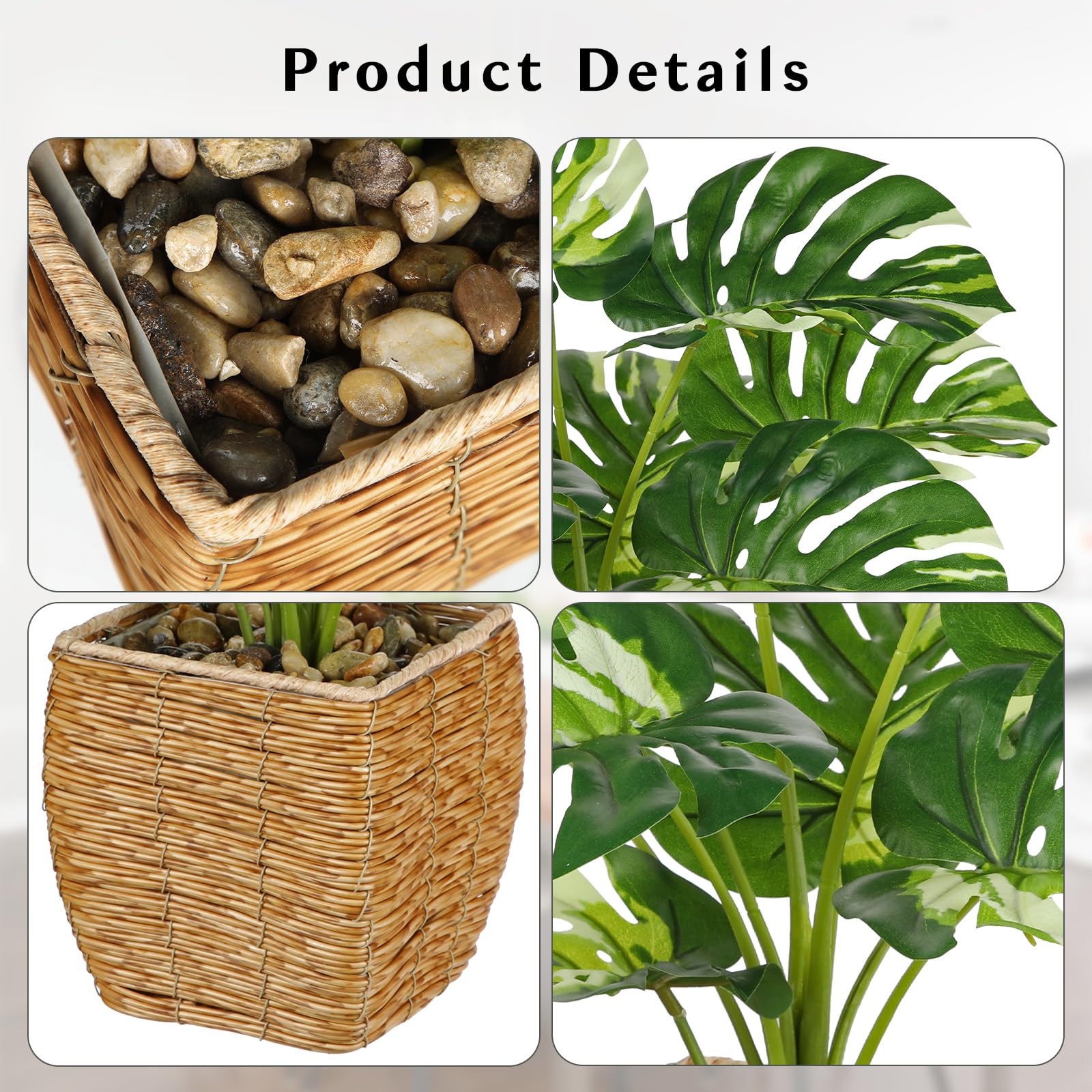 39CM Artificial Plants Rubber Plant Variegated Monstera in Woven Basket - Image 3