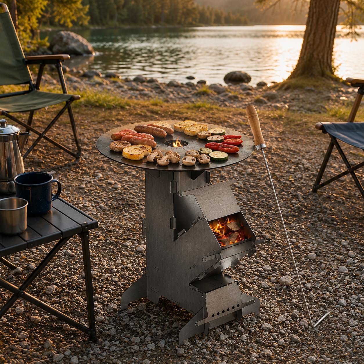 Piec rakietowy z płytą grillową i hakiem paleniskowym Rocket Stove Outdoor 2 dodatkowe nóżki, piecyk kempingowy, piec na drewno, grill kempingowy, piec rakietowy z masywnej stali o grubości 3