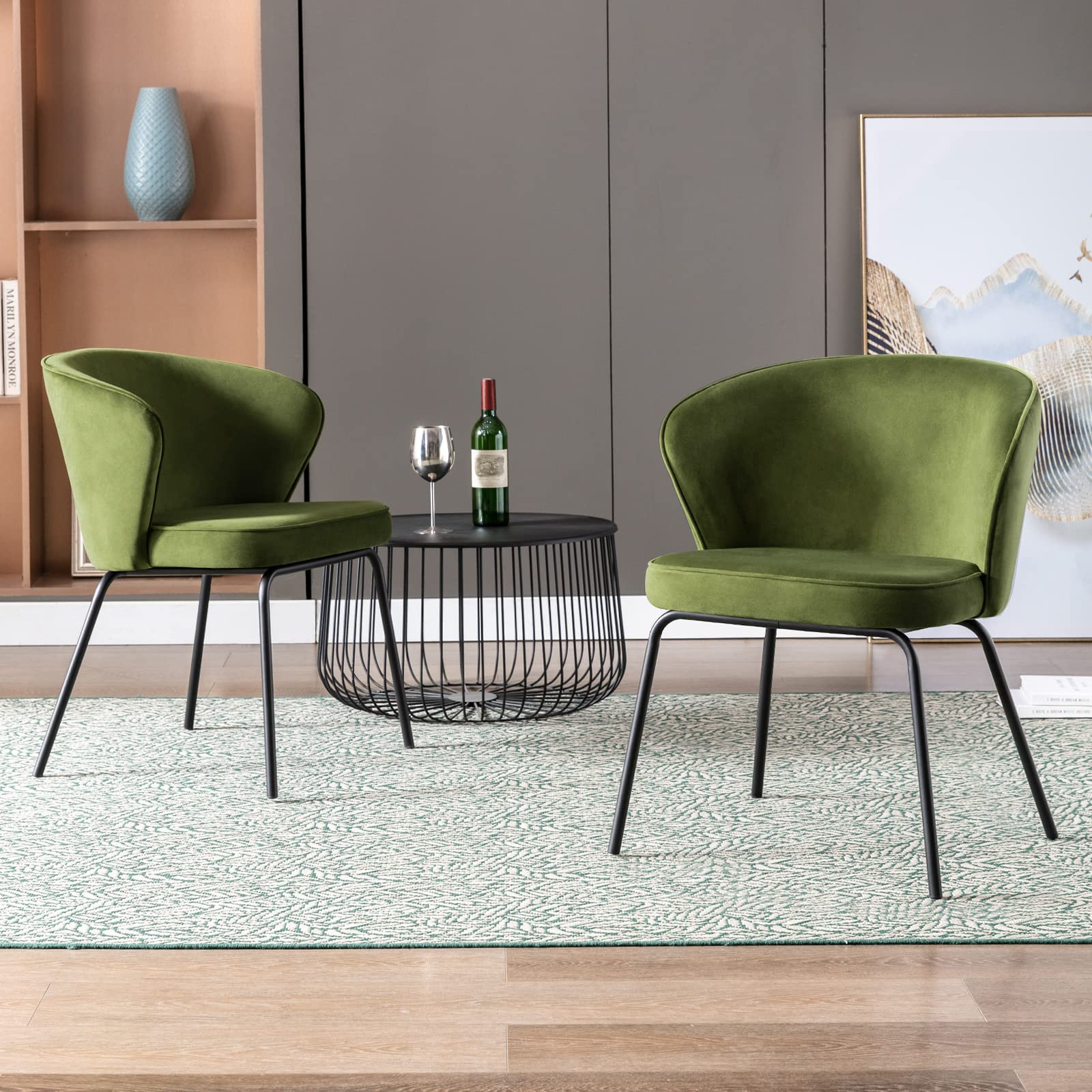 ONEVOG Upholstered Modern Dining Chairs with Upholstered and Wingback, Green Velvet Dining Chair, Comfy Dinner Party Chairs for Kitchen, Dining Room, Living Room Chairs, Set of 2