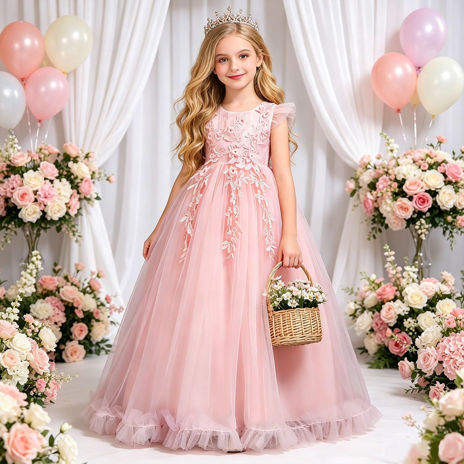 Vestito da principessa da bambina, in tulle, con maniche lunghe a sbuffo, abito da sera per feste, senza maniche, abito da damigella d'onore, abito estivo per matrimonio, 6-16 anni