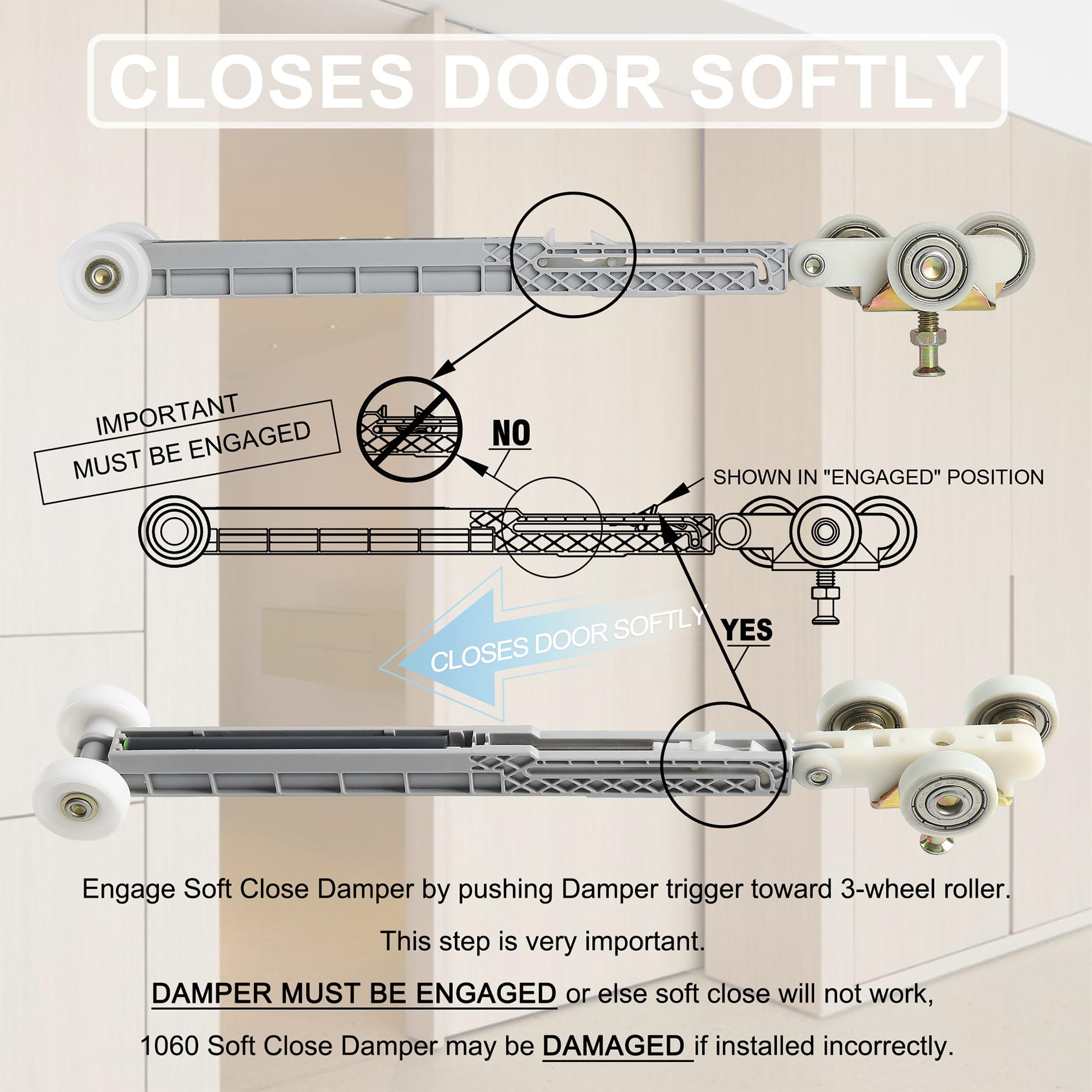 2 Set Pocket Door Soft Close Top Hanger Assemblies Fit for Johnson P/N #1060 & #1062, Works with 100, 134F, 138F, 2610F Series Track, 1" Nylon Ball Bearing Tri-Wheel, Bi-Direction — Amazon image 6