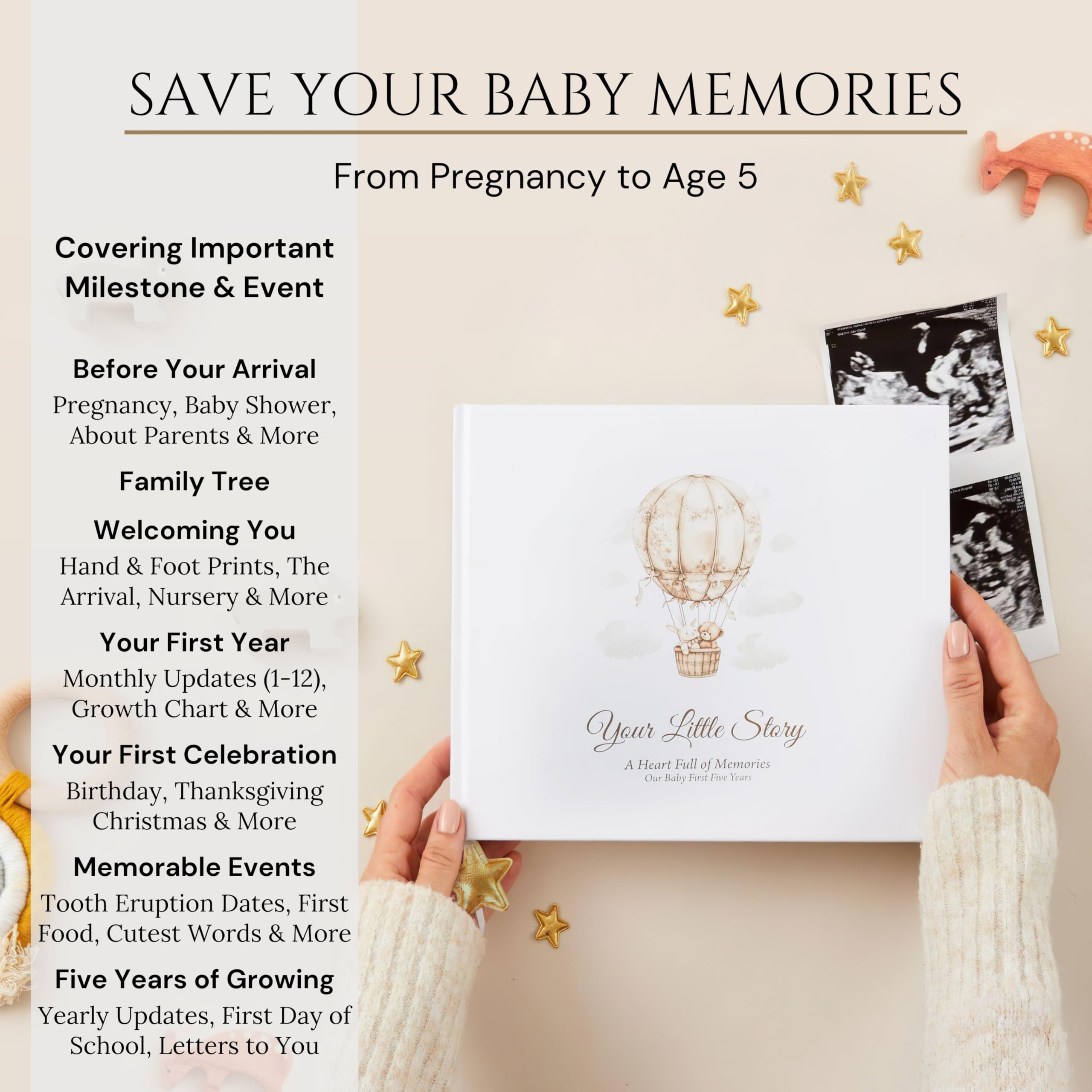 Libro dei ricordi del bambino, libro neutro per neonati e genitori in attesa, scatola dei ricordi per foto per bambini per registrare baby shower fino ai 5 anni | Libro con pietra