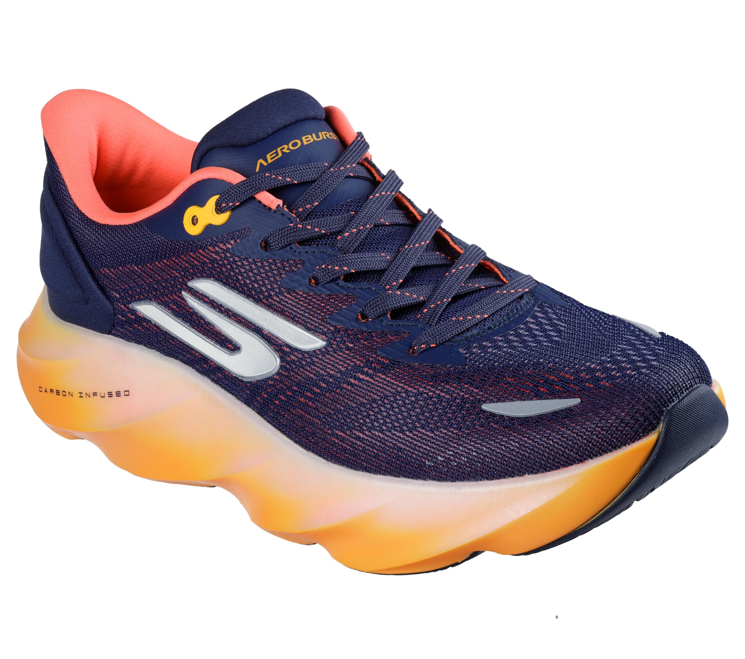 Skechers Men's Navy Blue,Orange Aero Burst Sneaker In Navy Blue/Orange, Size 7.5 | Textile/Synthetic, Vegan, Machine Washable Arch Fit Hyper Burst