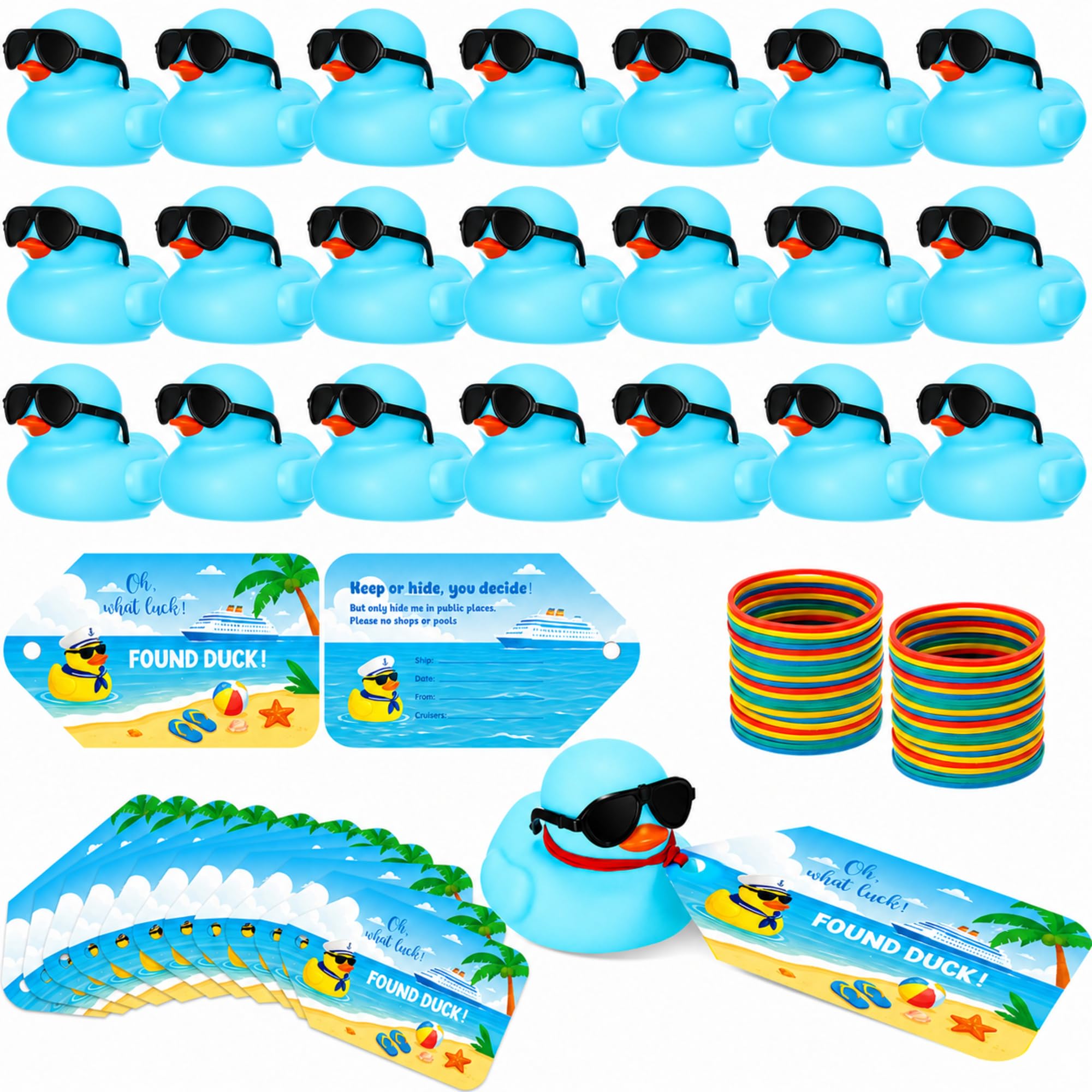 Sosation 24 Sets Cruise Ducks Tags Kits Includes Mini Rubber Ducks with Sunglasses Bulk Cruising Duckies Tags Rubber Bands for 2026 Cruise Ship Hiding Carnival Summer Ducking Party Gift (Blue)