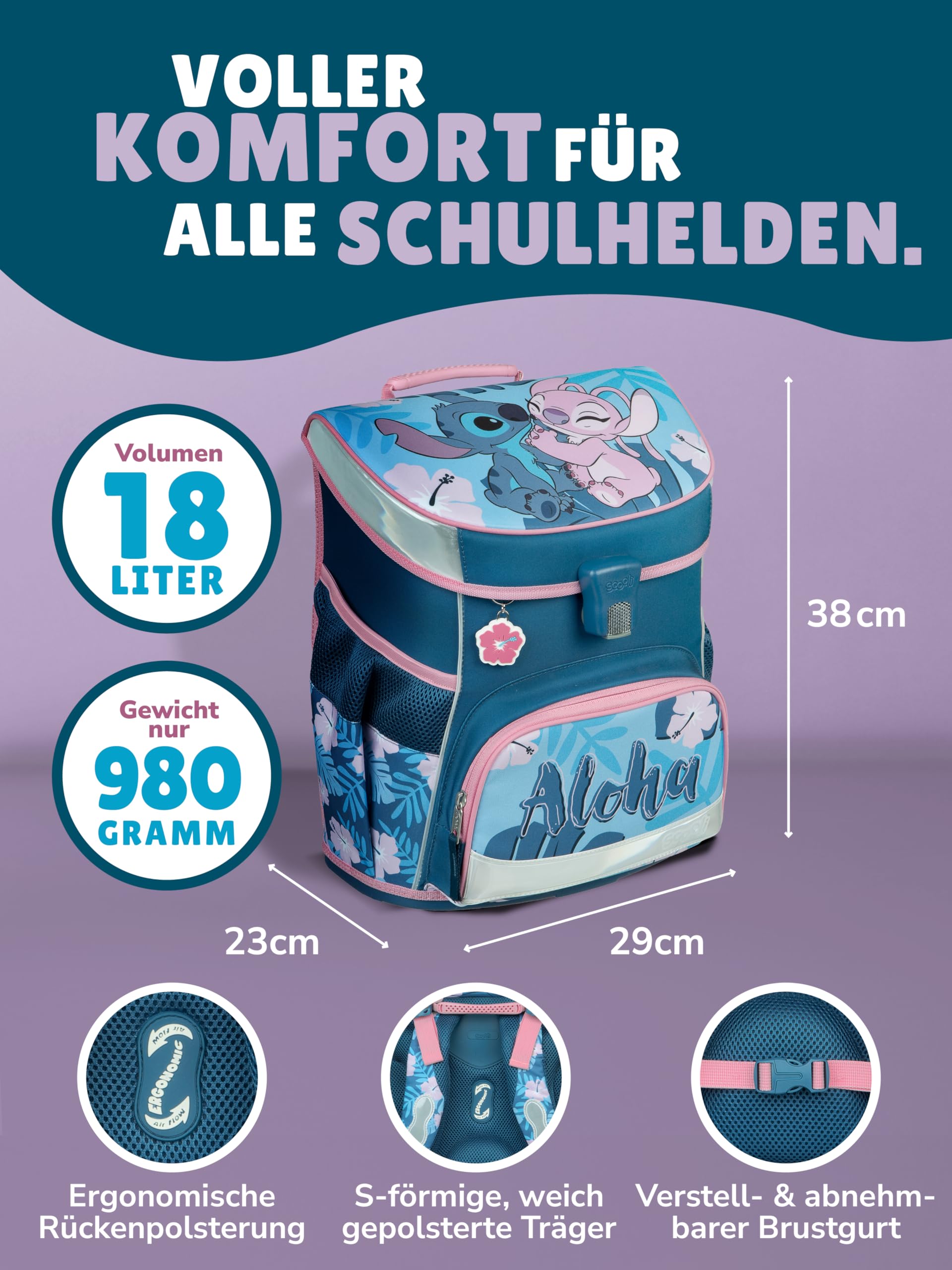 Familando - Scooli Campus Fit Schulranzen Set - 9-teilig mit Sporttasche - Disney Stitch - Ergonomisch, stabil & 980g leicht - 18L Volumen - Brustgurt & Reflektoren - ab 1. Klasse