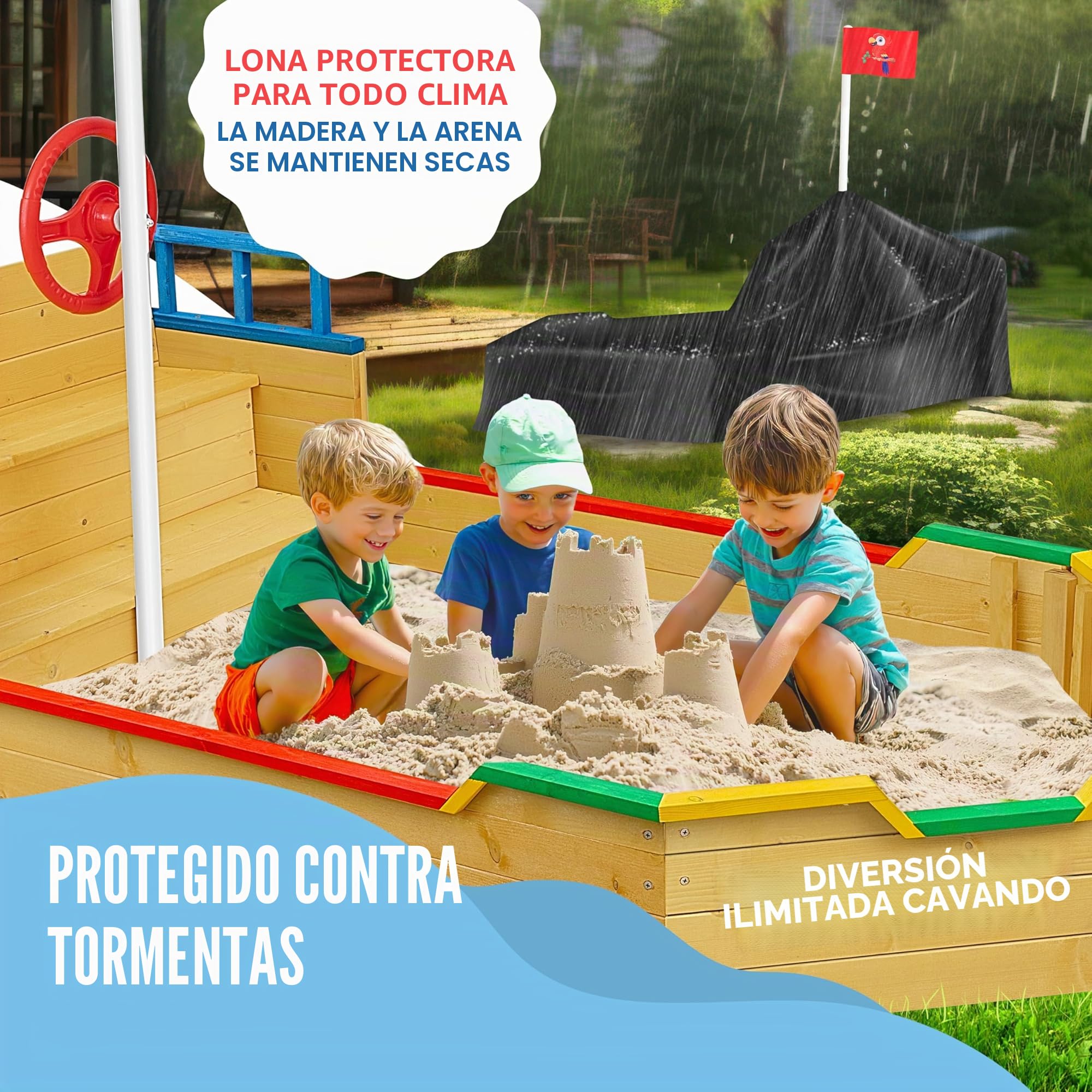 KIDIZ® arenero niños Ahoi, Barco Pirata, Barco de Vela de Madera, Incluye Cubierta, Cubierta de Suelo, Banco, asta de Bandera, Colorido