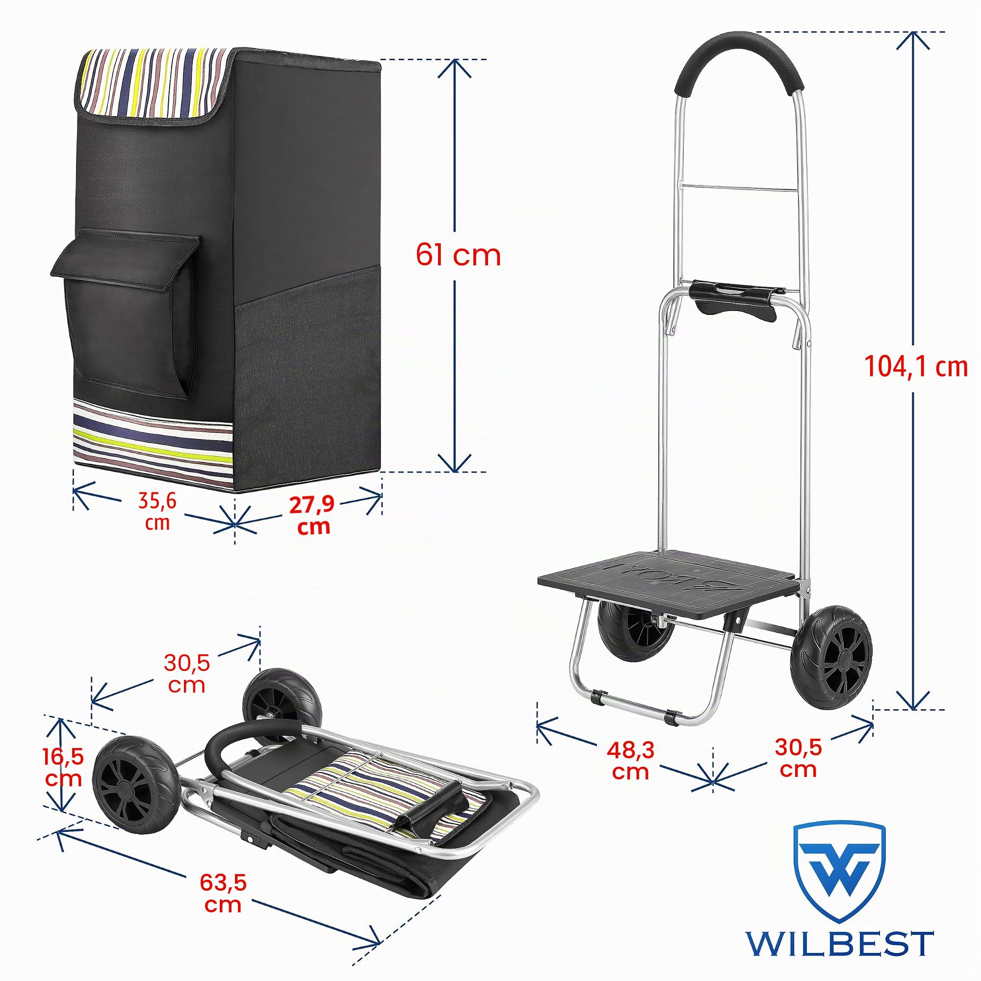 Carrito de Compras, 75L Plegable Carrito de Mercado, 2 en 1 Diablo de 2 Ruedas de Compras Trolley con Marco de Acero Inoxidable y Bolsa de Lona Impermeable extraíble (Negro)