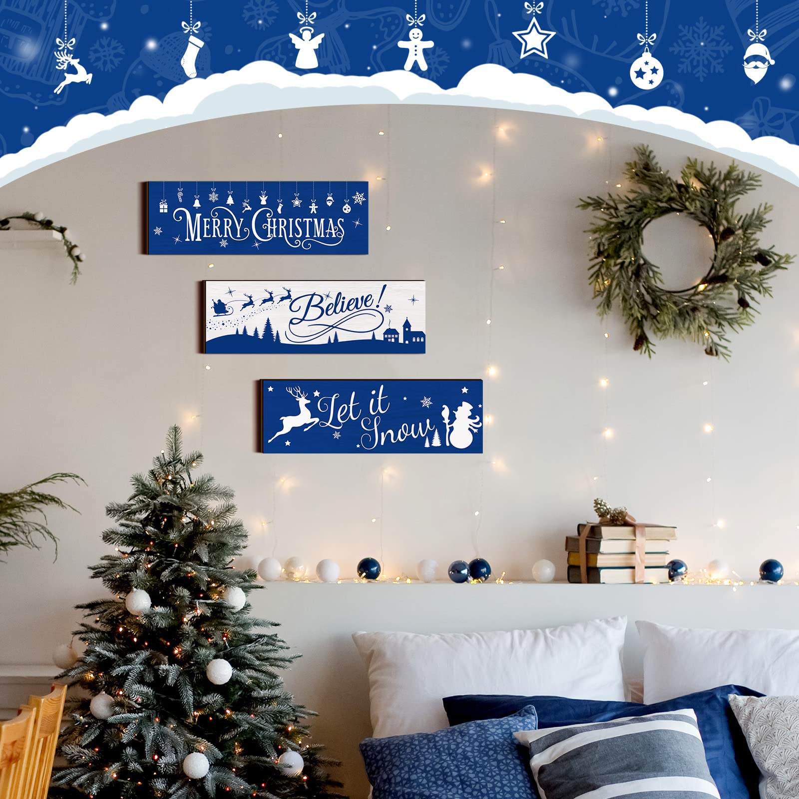 3 letreros colgantes azules de Navidad de madera rústica con copos de nieve para colgar en la pared, adornos y placas de madera para Navidad, vacaciones, invierno, decoración del hogar