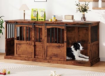 72" Double Dog Crate Furniture for 2 Medium Large Dogs Wooden Heavy Duty Dog Kennel Furniture with 2 Sliding Doors and Divider Decorative Dog Cage TV Stand End Table for Indoor, Brown