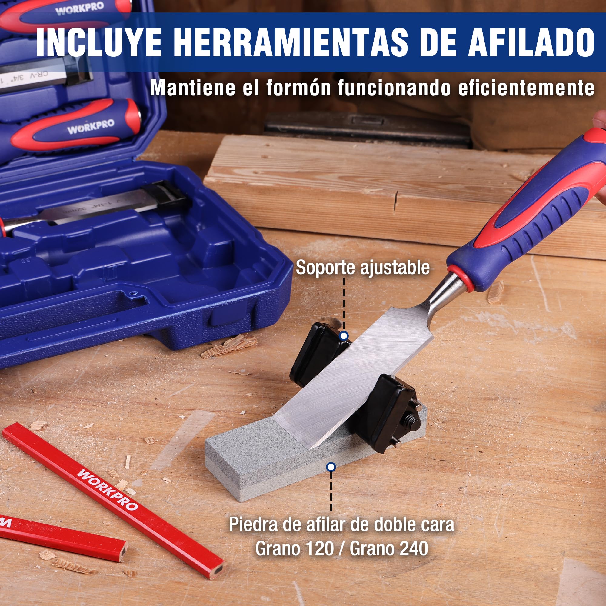 WORKPRO Juego de 10 Cinceles de Madera Cr-V con Mango Antideslizante, Estuche Compacto, Lápices de Carpintero y Piedra de Afilar – 6 Tamaños (6-38mm) para Bricolaje y Carpintería