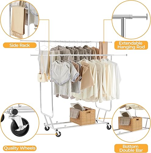 Miniatura 4 de Yaheetech Perchero con ruedas, perchero de doble riel resistente, estante de ropa portátil comercial con ruedas para dormitorio, tienda de ropa,