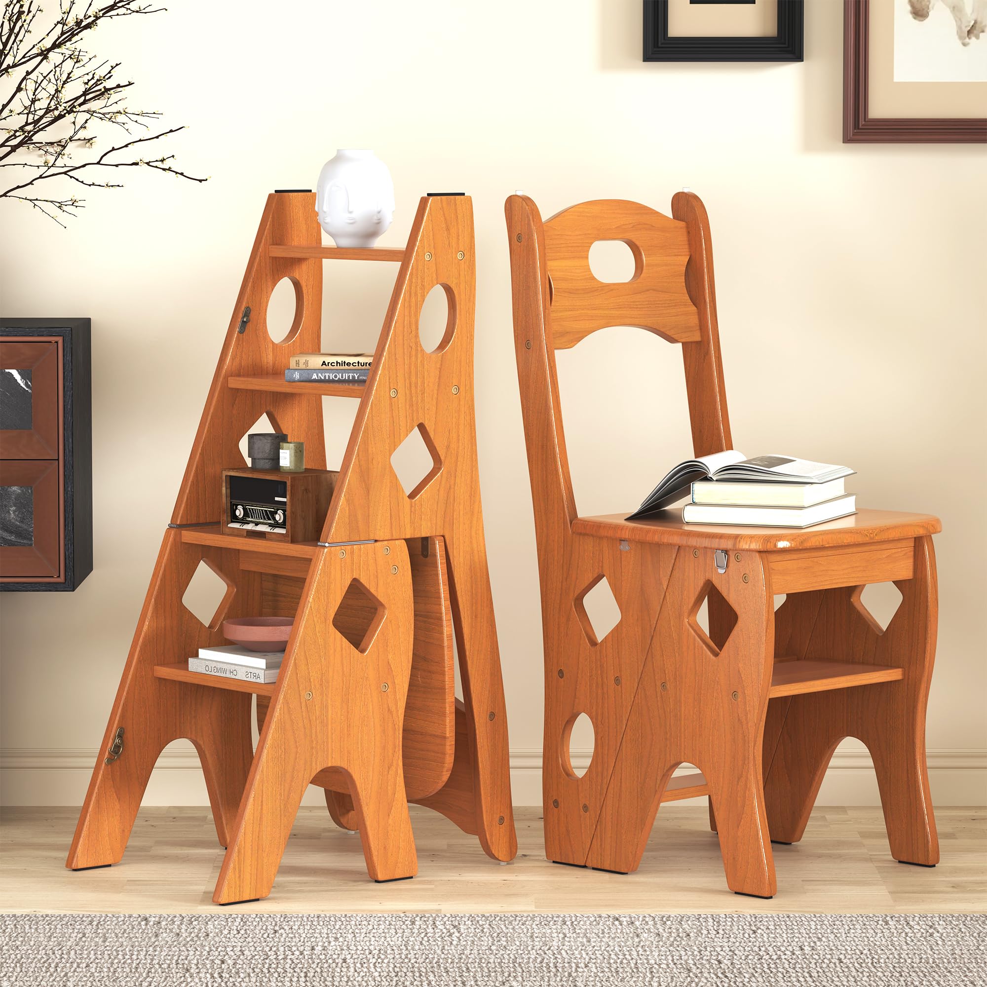 Nisorpa Brown Foldable Ladder Chair,Step Stool,Kitchen Steps Fold Away,Display Rack Shoe Bench,Flower Stand,Bamboo Folding Stepladder Foot Stools For Adult And Children,4 Levels Climbing Levels