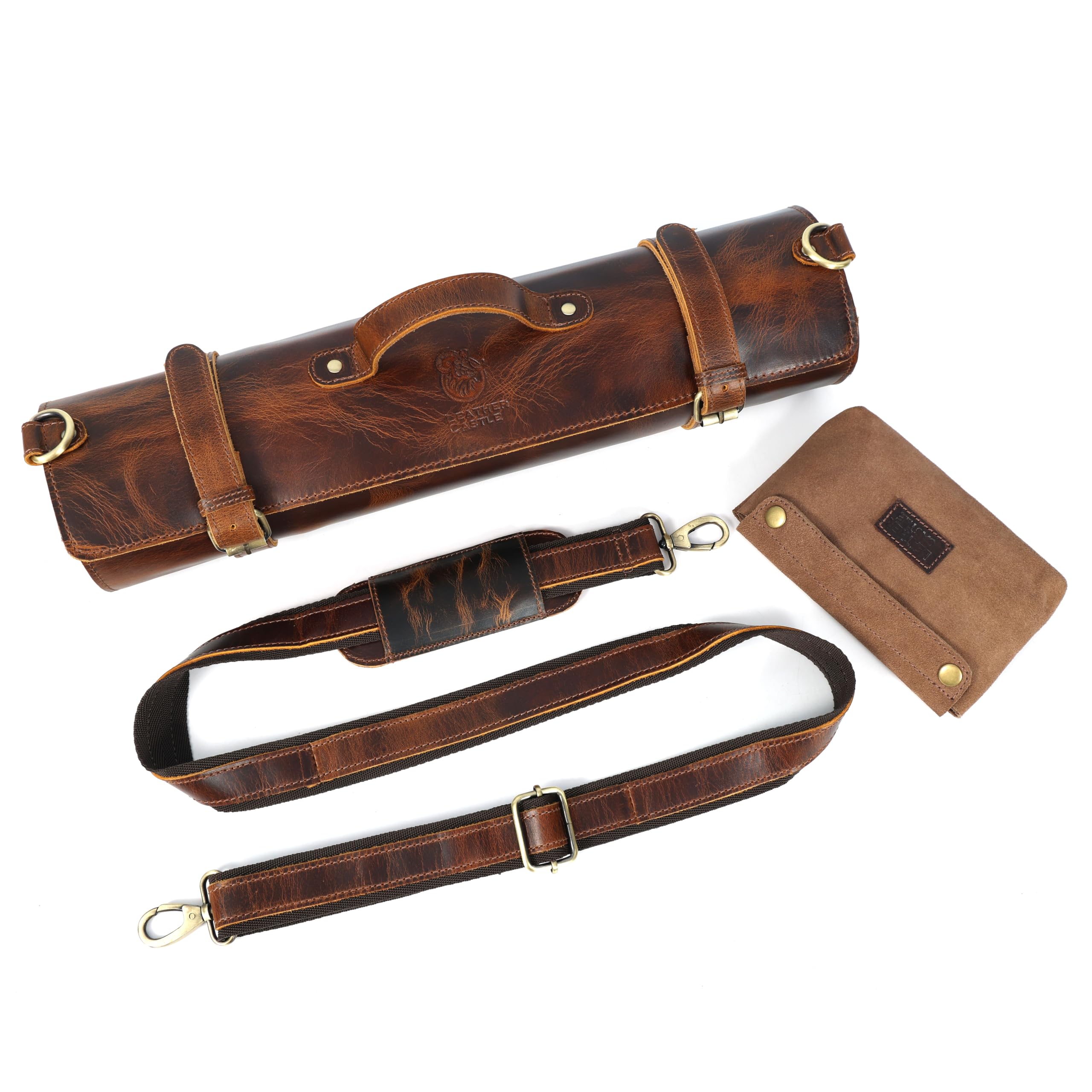 Full Grain Leather Chef Knife Roll | Large Capacity Portable Knife Storage | Premium Leather Chef Roll | 10 Slots for Knives & Accessories | Durable & Stylish Brown Chef Bag (Tan)-image-15