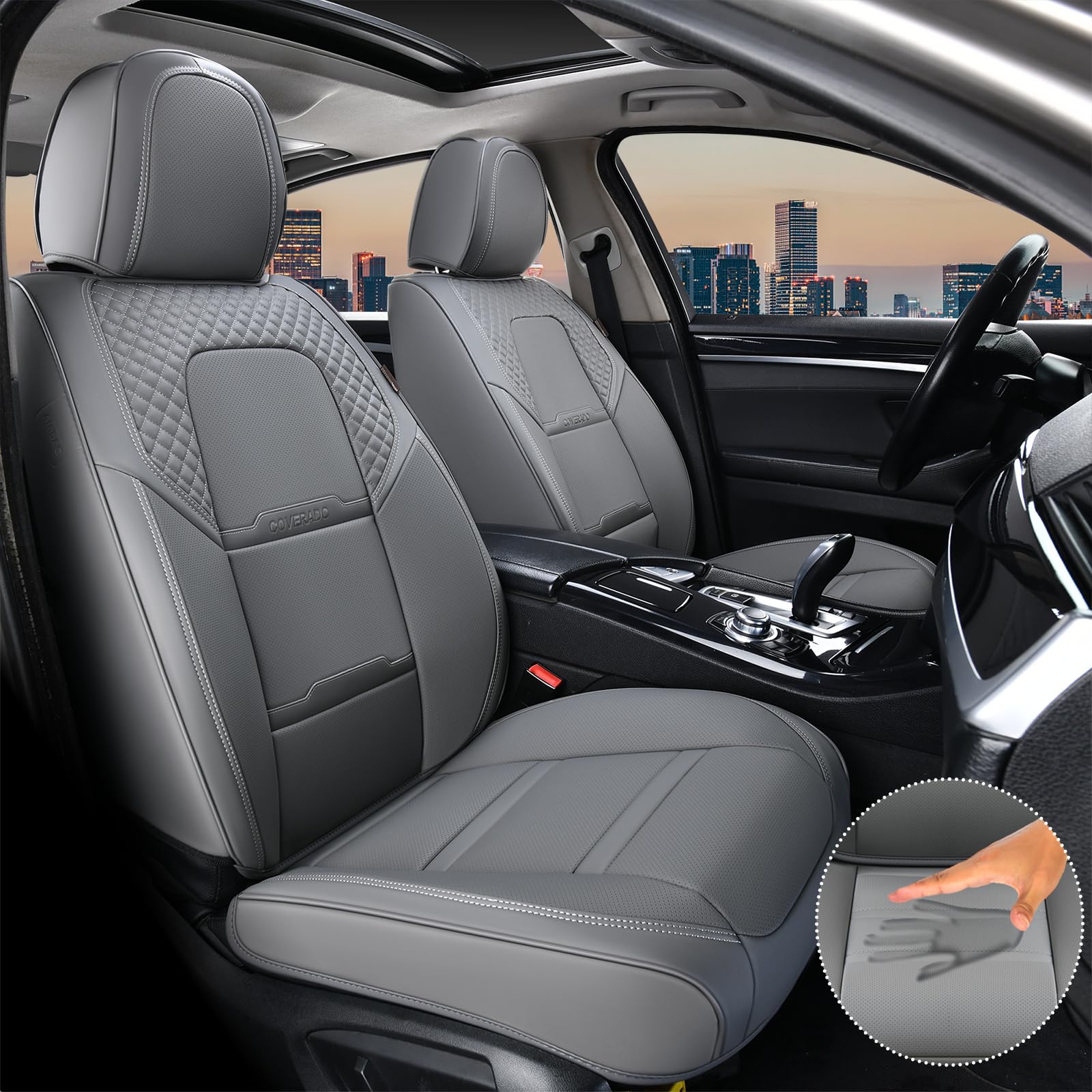 Coverado Car Seat Covers Front Seats, 2 Piece Car Seat Protector with Removable Headrest, Nappa Leather Breathable Front Seat Cushion Side All Wrapped Universal Fit Truck Automotive Most Cars Gray