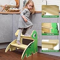 Vista 3 de Taburete para niños pequeños, taburete de madera de 2 escalones para niños pequeños con base antideslizante, bonito diseño impreso, taburete