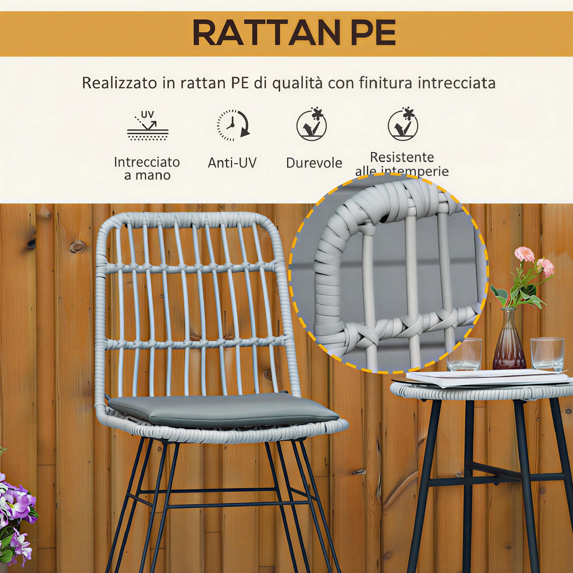 Outsunny Set di Tavolo e Sedie da Giardino da 3 Pezzi in Rattan PE e Acciaio, Set Bistrò da Giardino con Tavolino da Caffè con Piano in Vetro e 2 Sedie, per Balcone Patio Cortile Esterno, Grigio