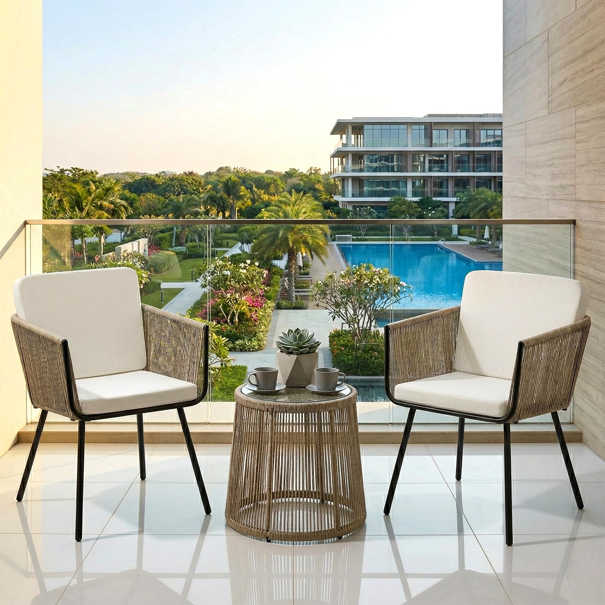 BRISHI Garden Patio Seating Chair and Table Set Outdoor Balcony Garden Coffee Table Set Furniture with 1 Table and 2 Chairs Set Braid & Rope (Beige), 58 cm, 64 cm