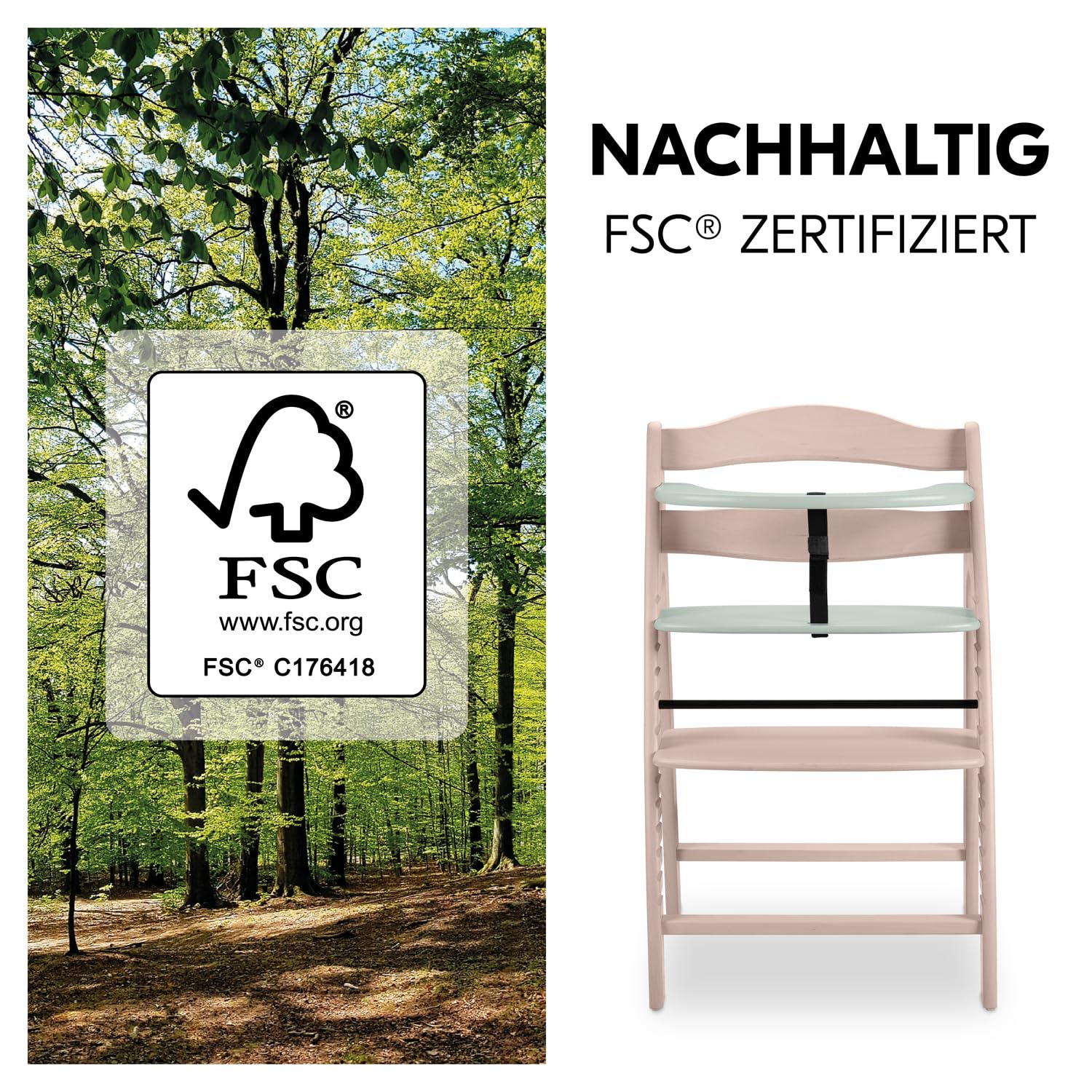 hauck Arketa Holz Hochstuhl Baby mitwachsend bis 130 kg, Whitewashed Mint
