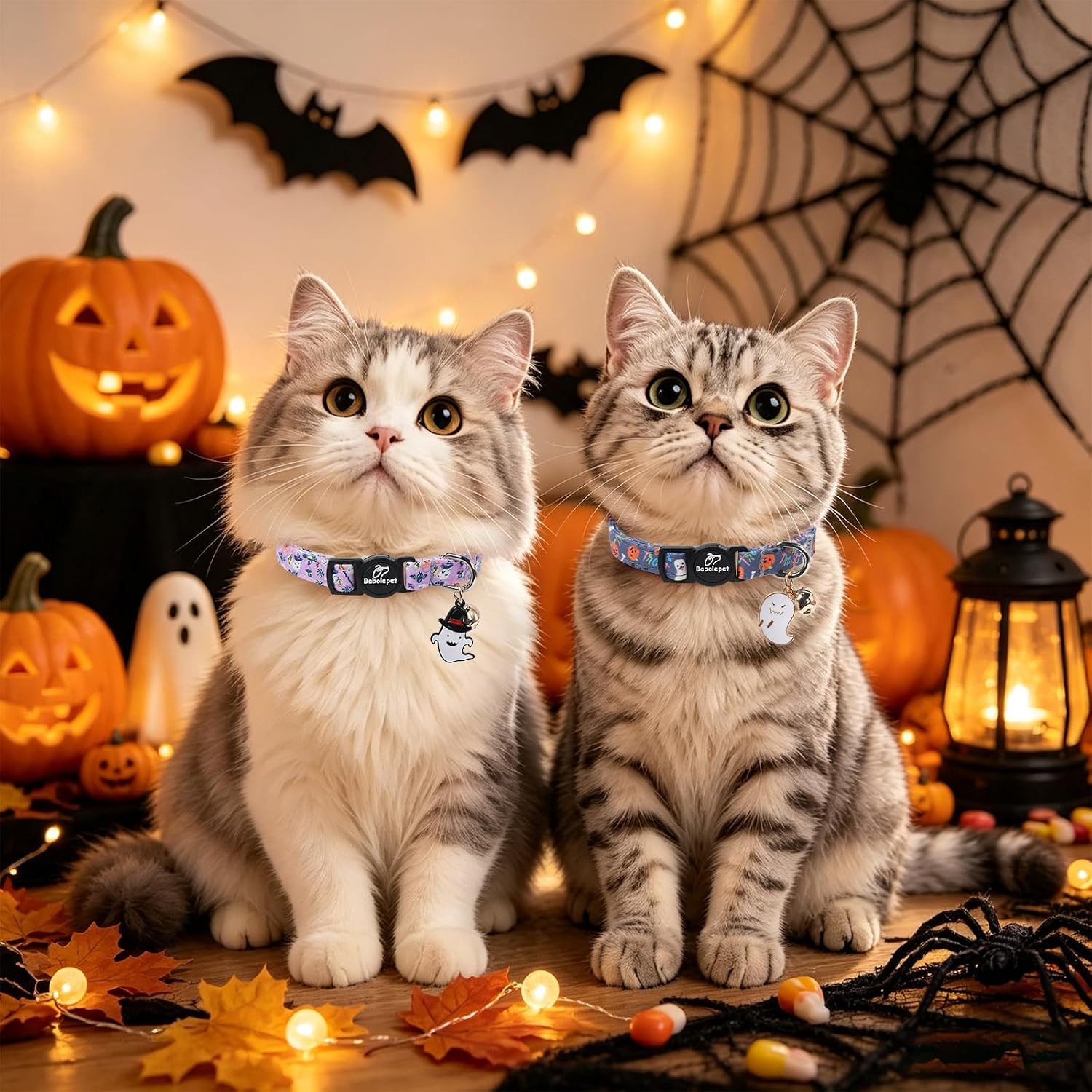 2 Pack Halloween Ghost Cat Collars, Cute Breakaway Cat Collar with Bell - Soft Cotton Adjustable Trick-or-Treat Kitten Collars for Girl Boy Cats, Ghost Night image 2
