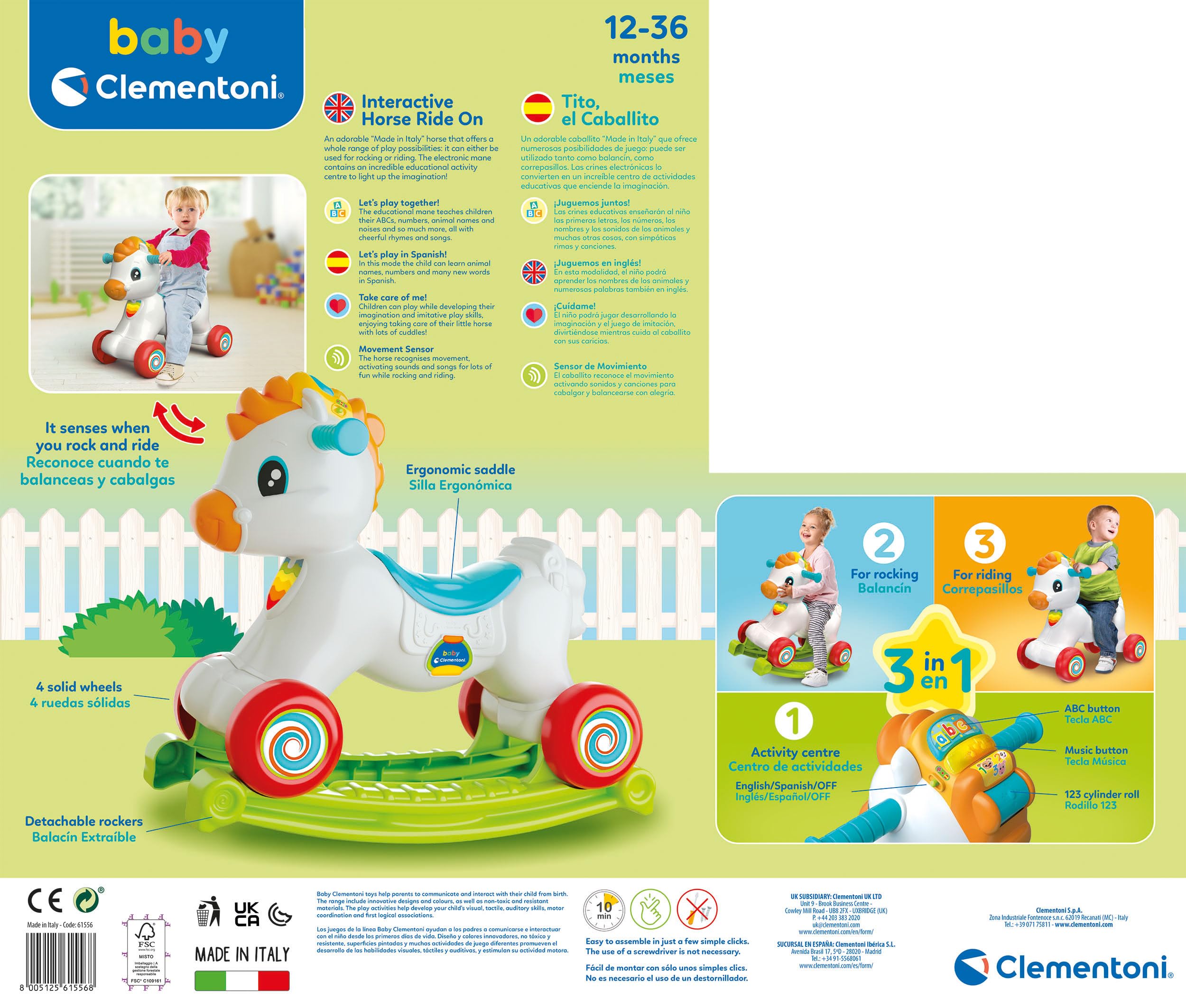 Clementoni 61556 Tito Cheval à Bascule avec Musique Chiffres Lettres pour Bébés 12 Mois