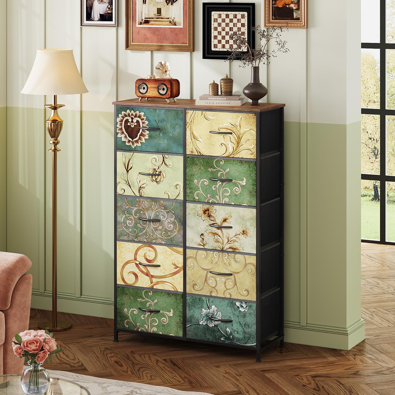 WLIVE Tall Dresser for Bedroom with 10 Drawers, Chest of Drawers, Fabric Dresser for Closet, Hallway, Living Room, Entryway, Floral Painted