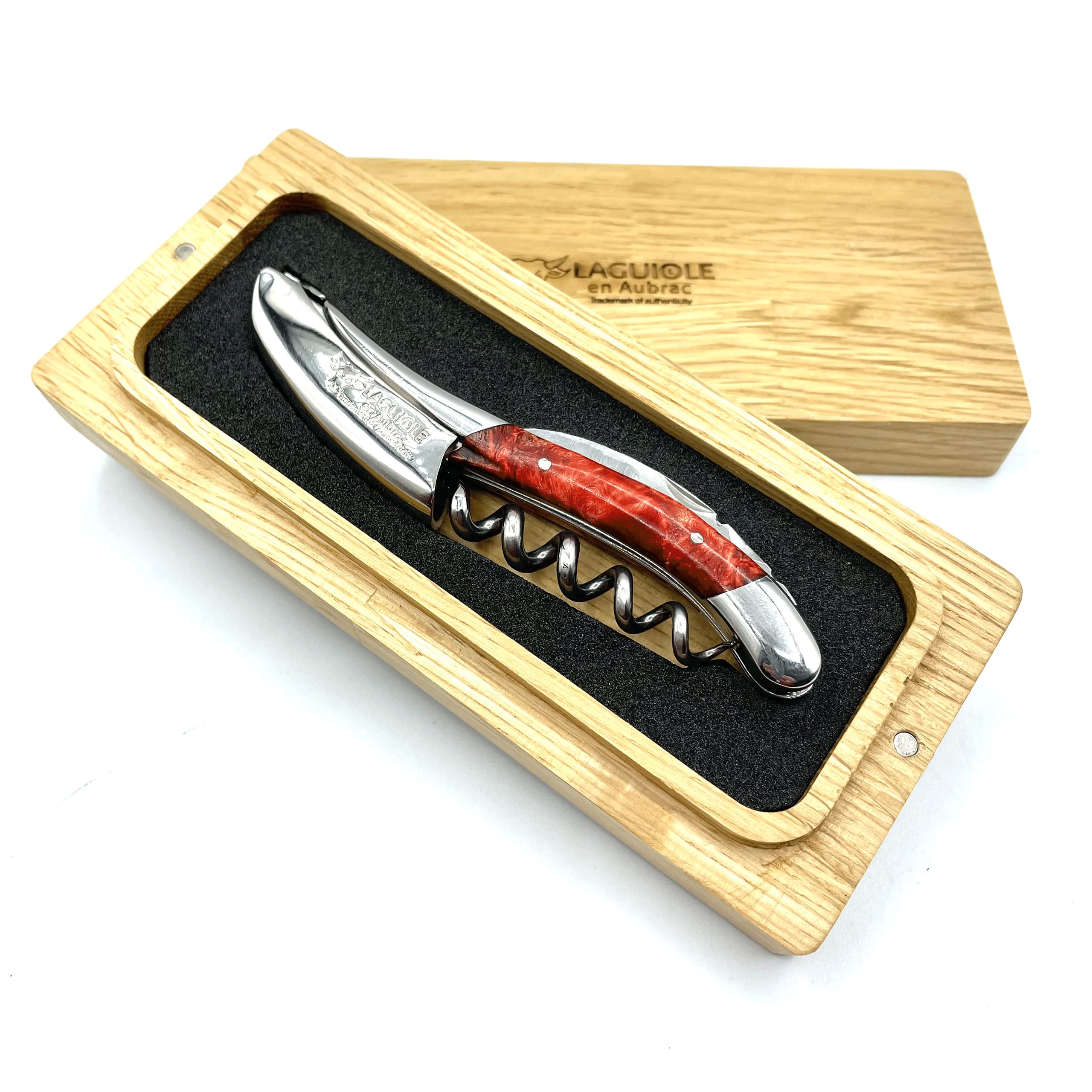 Laguiole En Aubrac Sommelier Waiter's Corkscrew, Stabilized Red Poplar Burl Handle, Wine Opener With Foil Cutter & Bottle Opener, Shiny Bolster