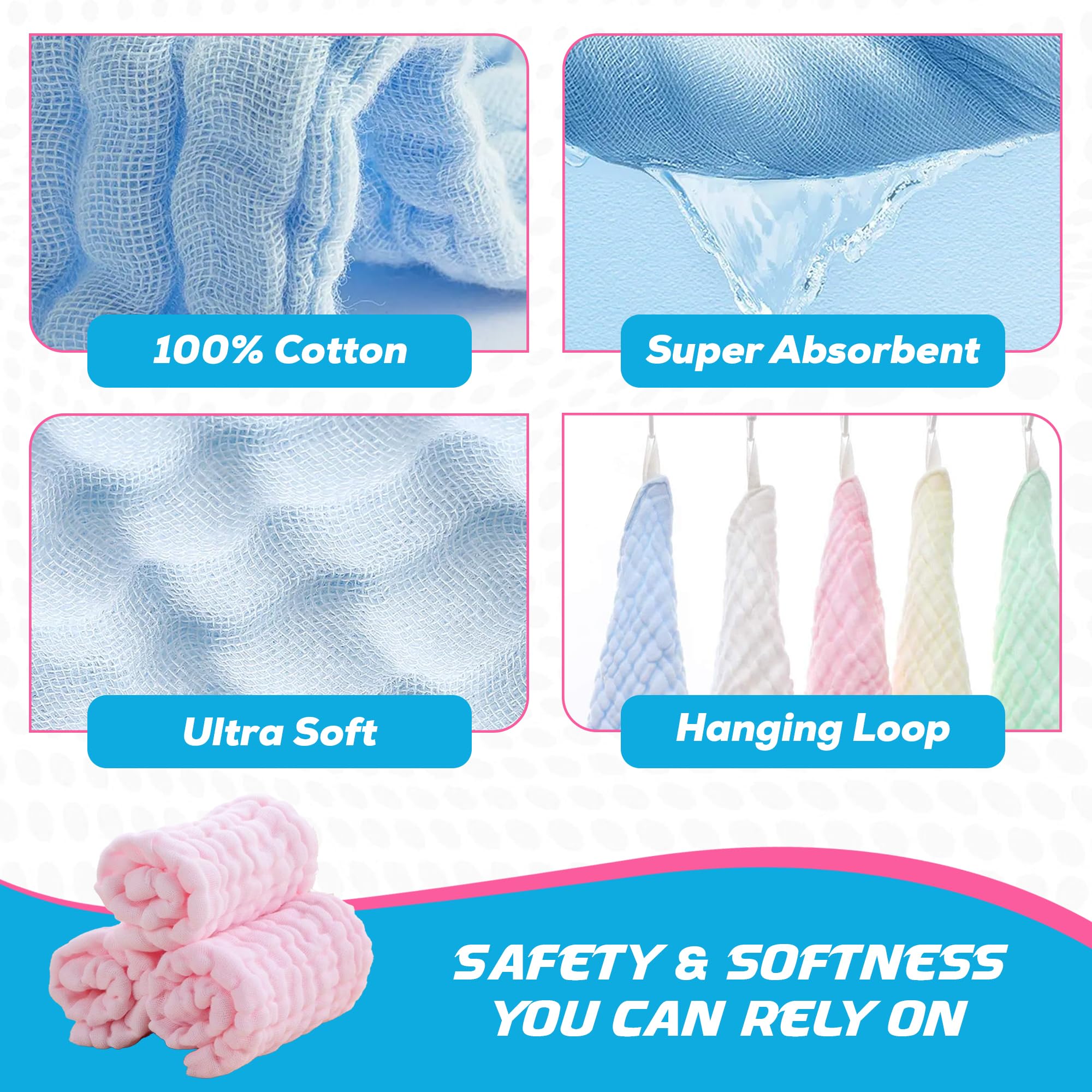 Paquete de 10 paños unisex de muselina suave para uso diario, 100 % algodón, para pieles delicadas, suaves y superabsorbentes, esenciales para bebés recién nacidos y lista de regalos de