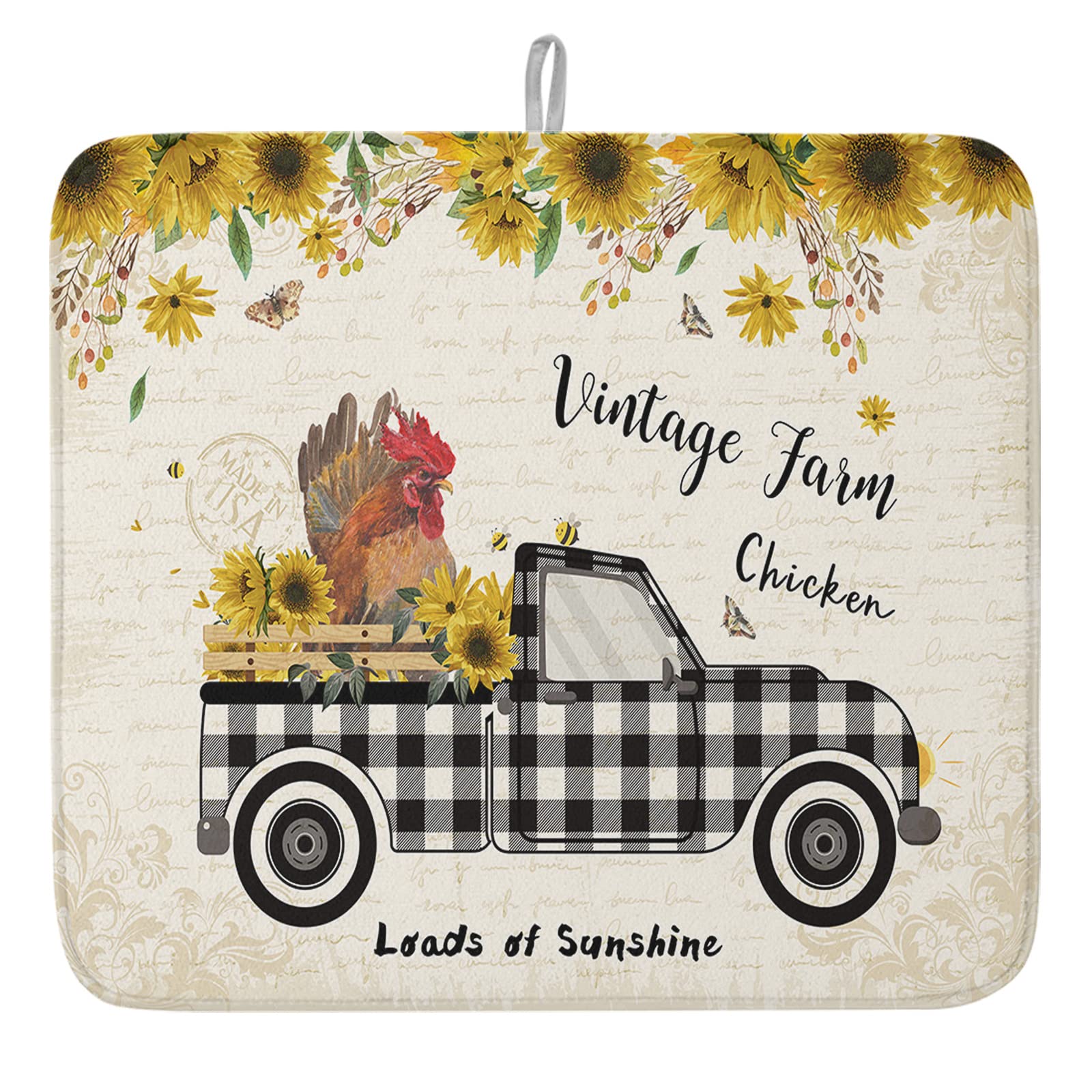 Ldtrchee Dish Drying Mat - Small 16" x 18", Rural Black Checkered with Farm Chicken Sunflower Microfibers Absorbent Drying Pad, Vintage Newspaper Dish Drainer Rack Mats for Kitchen Counter, Sink