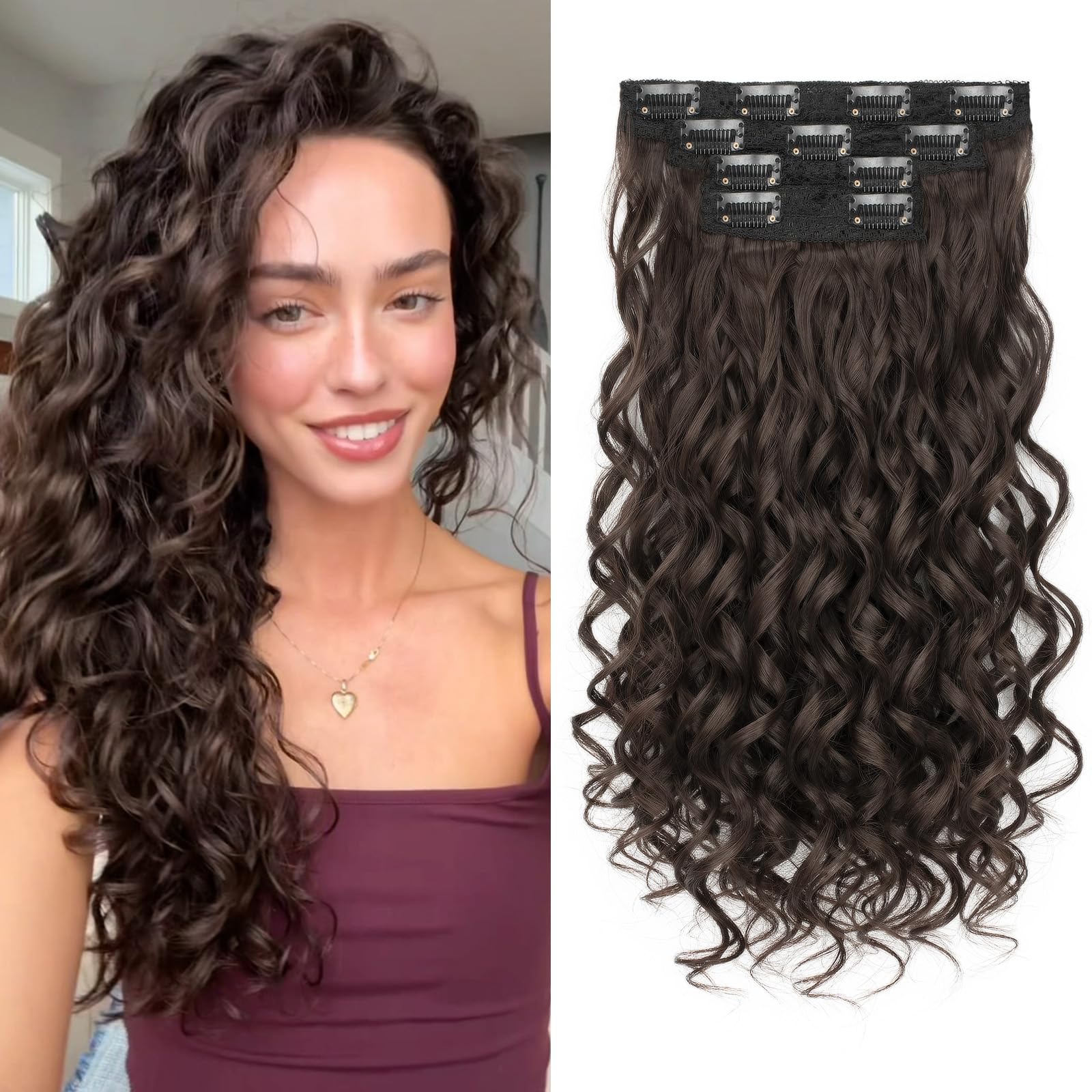 Flvaco Curly Clip In Hair Extensions, 4PCS 16 Inch Chocolate Brown Extensions Clip Ins, Lace Weft Short Curly Invisible Natural Hairpieces for Women