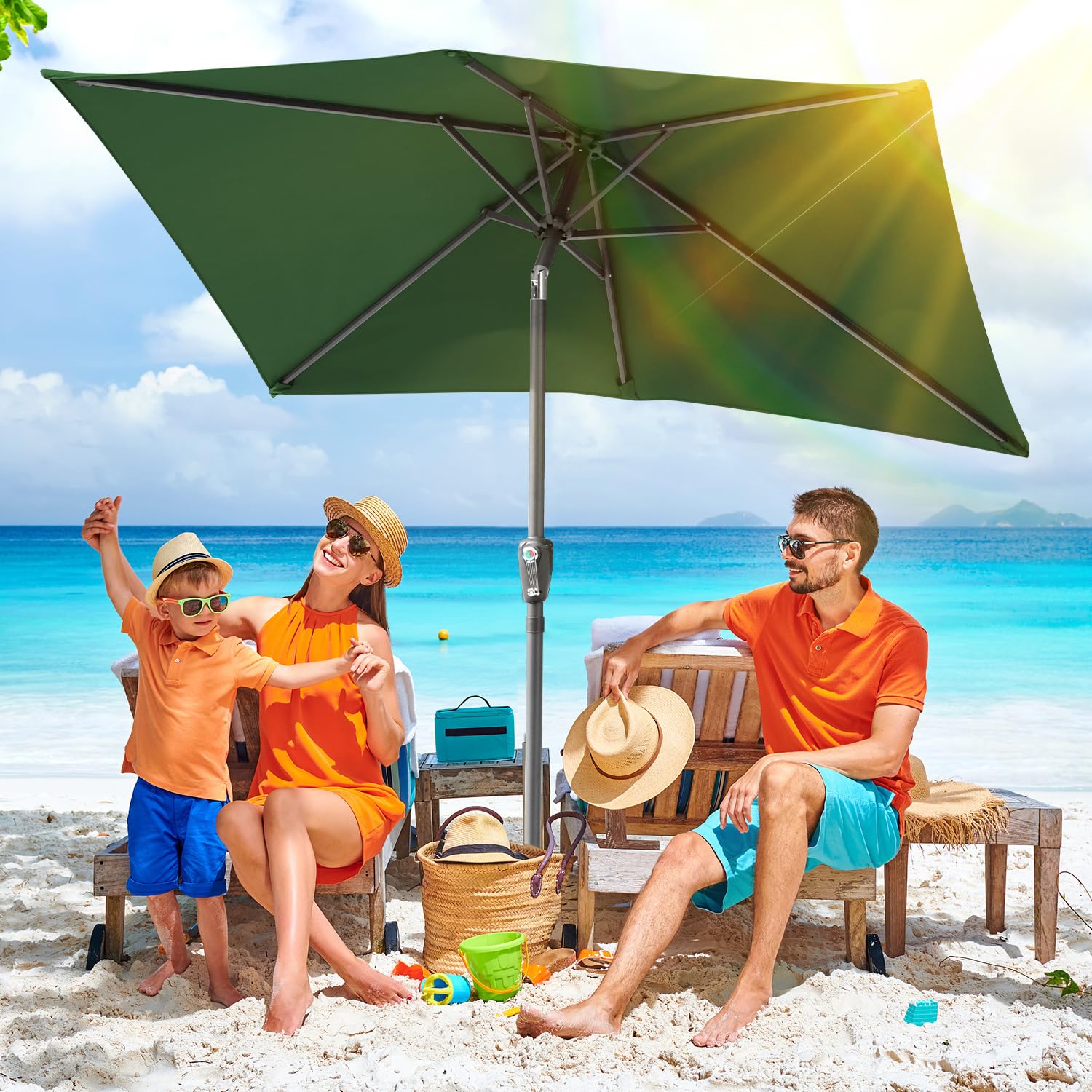 Parasol 1,4x2,1/2x3 m, UV50+, Parasol z korbą i regulacją pod kątem 30°, 160g/m² poliestru, bez podstawy, duży parasol z korbą do basenów, balkonów i ogrodów, z LED/bez LED