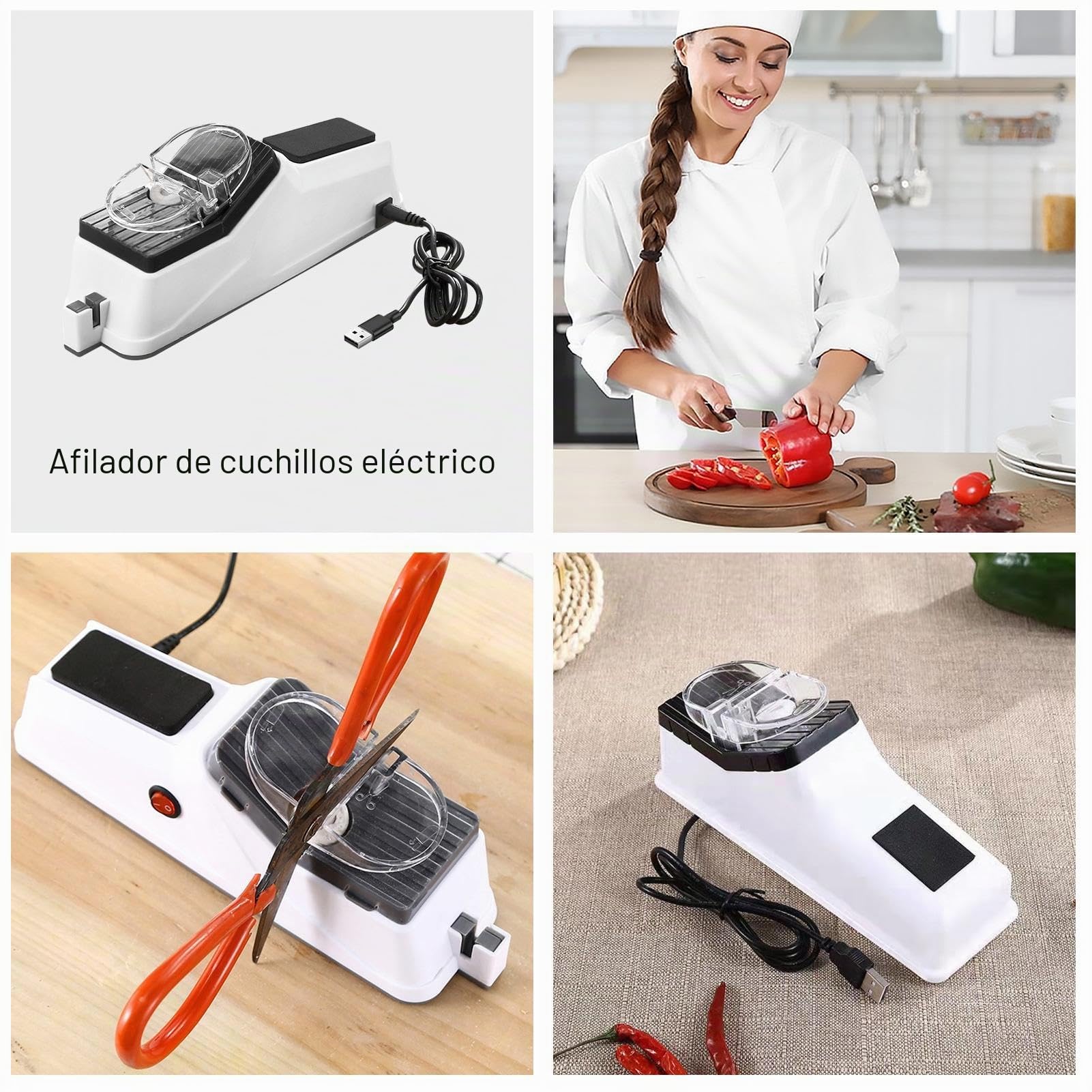 Afilador de cuchillos eléctrico, afilador de cuchillos profesional eléctrico para el hogar, máquina de afilar cuchillos con tapa, 5 segundos para afilar y pulir rápidos