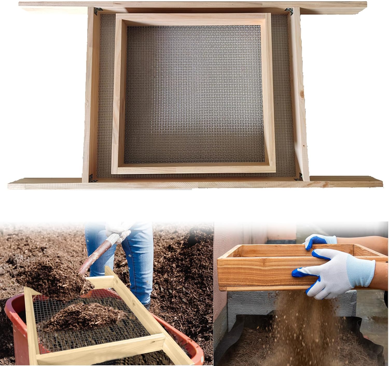 Sifter for Garden, 2Pcs Hand Held Multi-Purpose Stainless Compost Soil Screen Dirt Cedar Stainless Garden Sifter Sieve for Compost, Sand Rocks Dirt and Potting Soil?2/5"+1/4"?